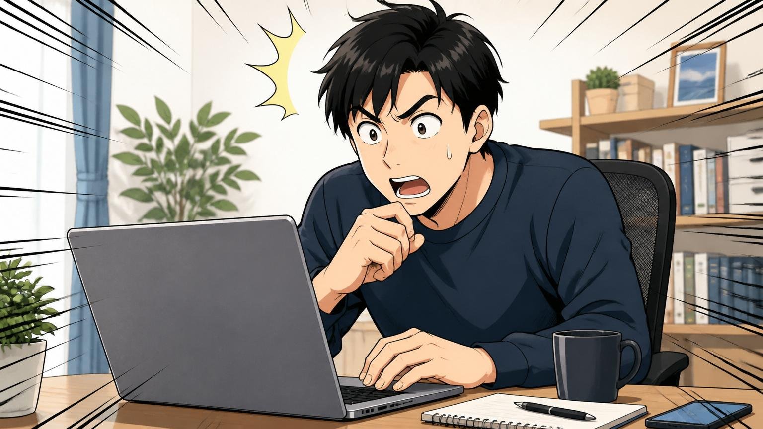 オンライン年収診断の結果画面を確認するエンジニア。自宅のデスクで在宅勤務中、ノートPCを見つめる30代男性1人、驚いた表情