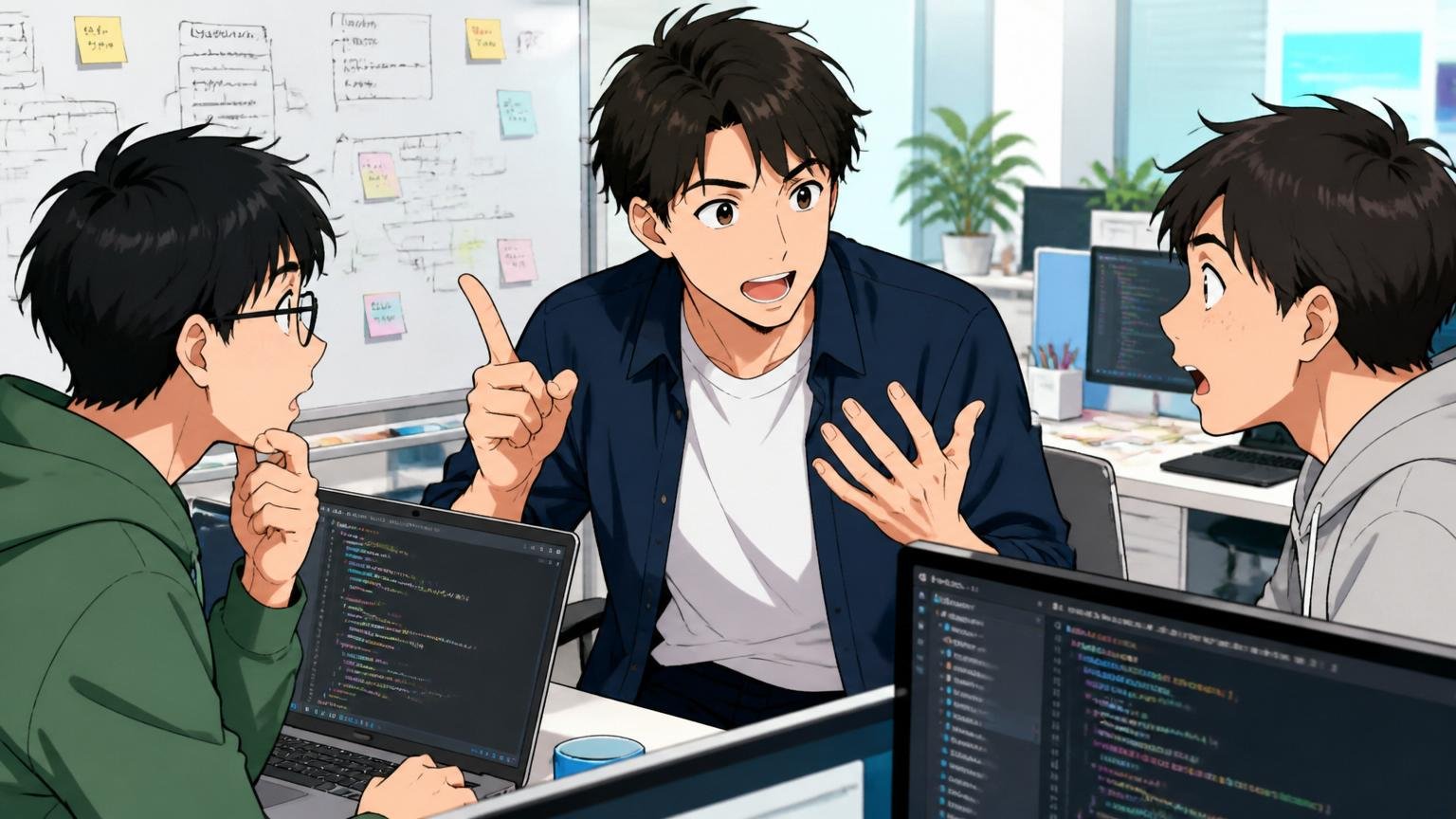 Web系スタートアップのオフィスで若手エンジニアと議論する30代のテックリード