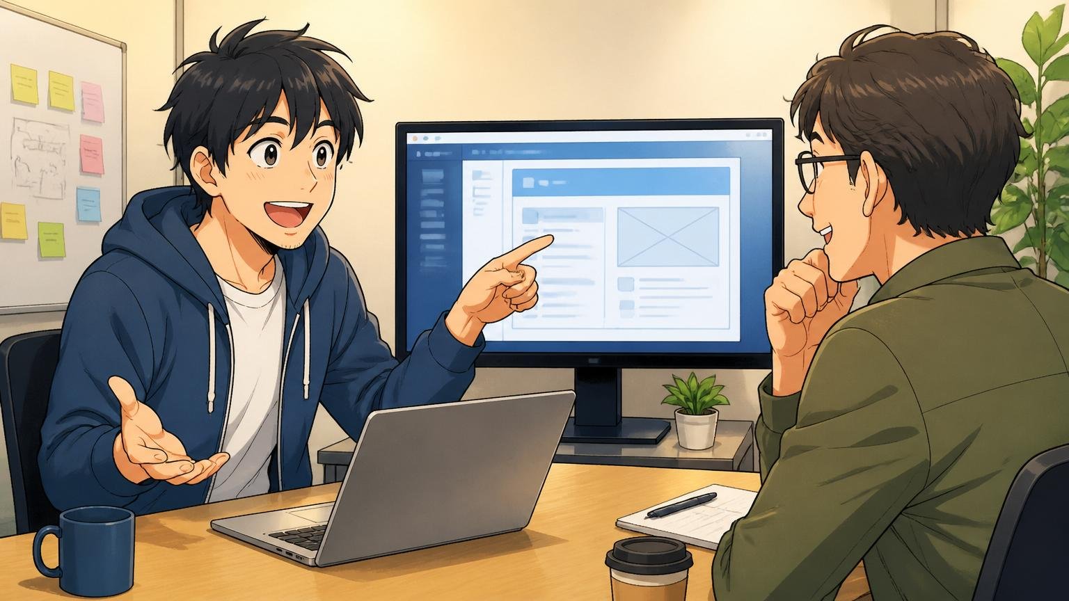 Web系スタートアップの面談室で、エンジニア出身のキャリアアドバイザー1人と候補者1人がモニター前で和やかに話す