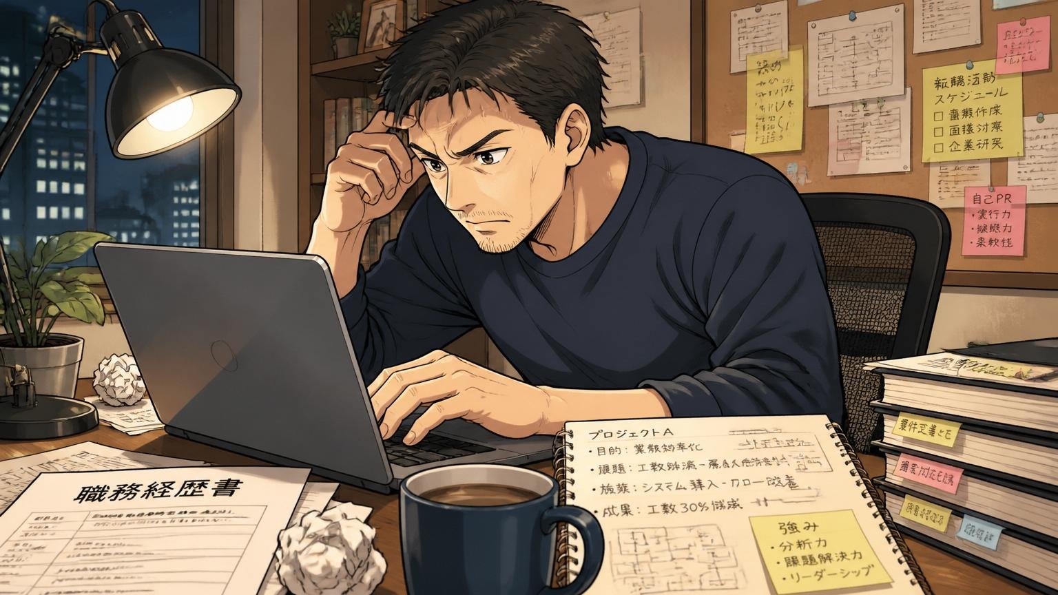 自宅のデスクで30代男性が深夜に職務経歴書をパソコンで書き直している、横にはコーヒーと過去のプロジェクトメモが置かれている