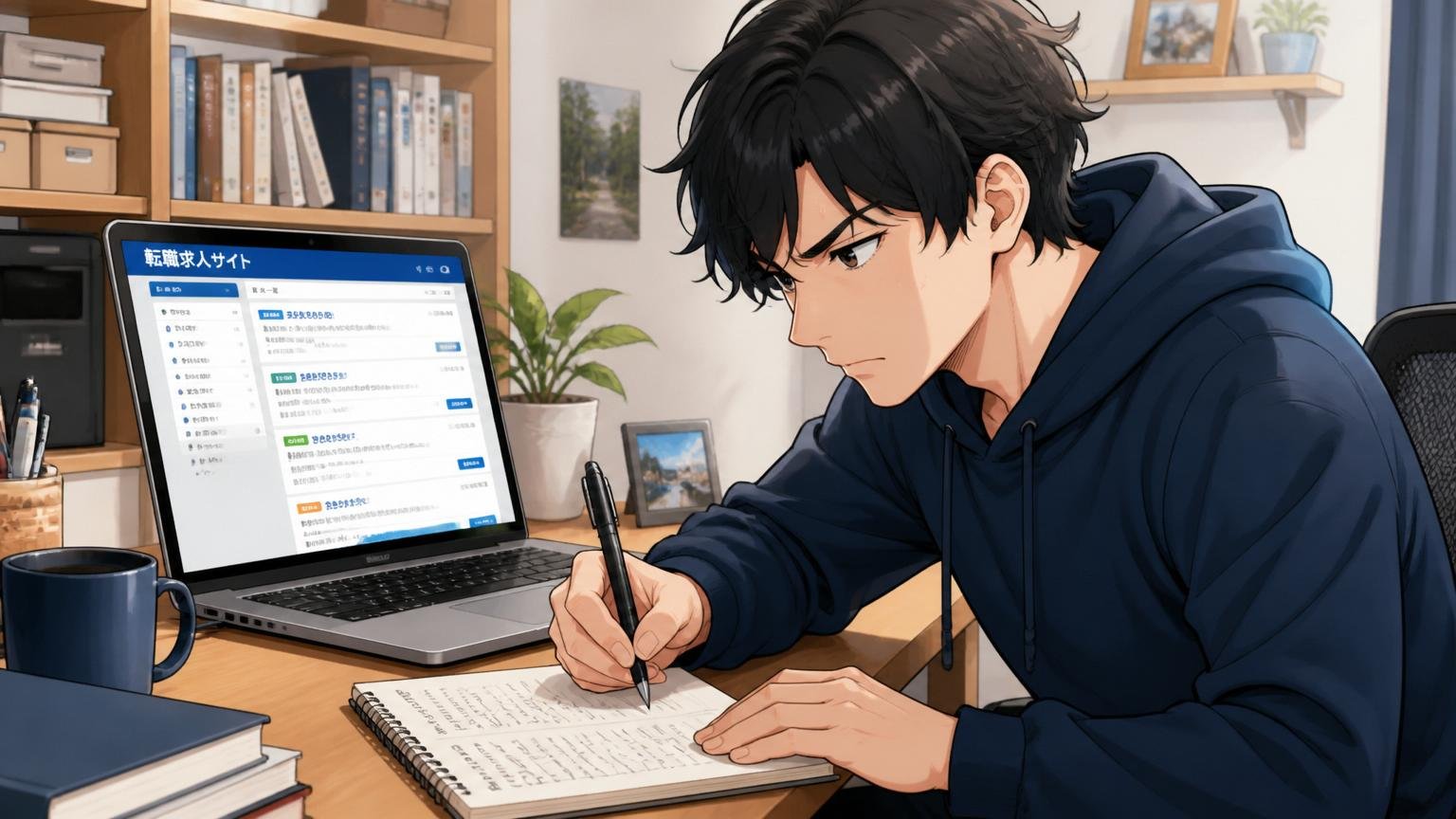自宅のデスクで転職サイトを開きながらメモを取る30代前半男性エンジニアが真剣な表情を浮かべる場面