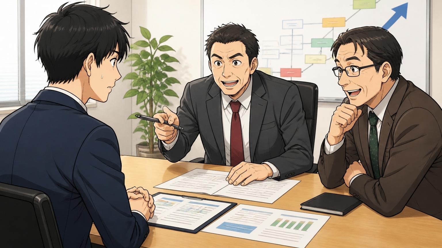 企業の会議室でキャリア面談を受ける30代男性社員1人と上司2人がキャリアパスを話し合う