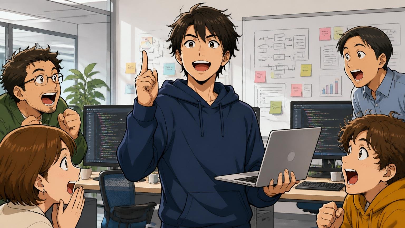 GMOペパボでのキャリアが市場で評価される理由を解説するWeb系自社開発のオフィスで自信を持って話すエンジニア1人
