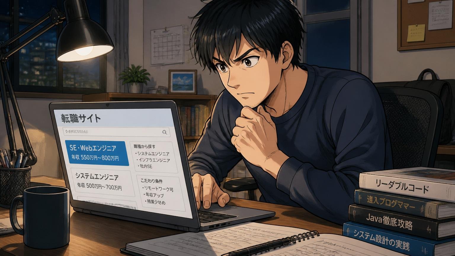 自宅のデスクで深夜にノートPCで転職サイトを開きながら静かに決意する30代男性エンジニア1人