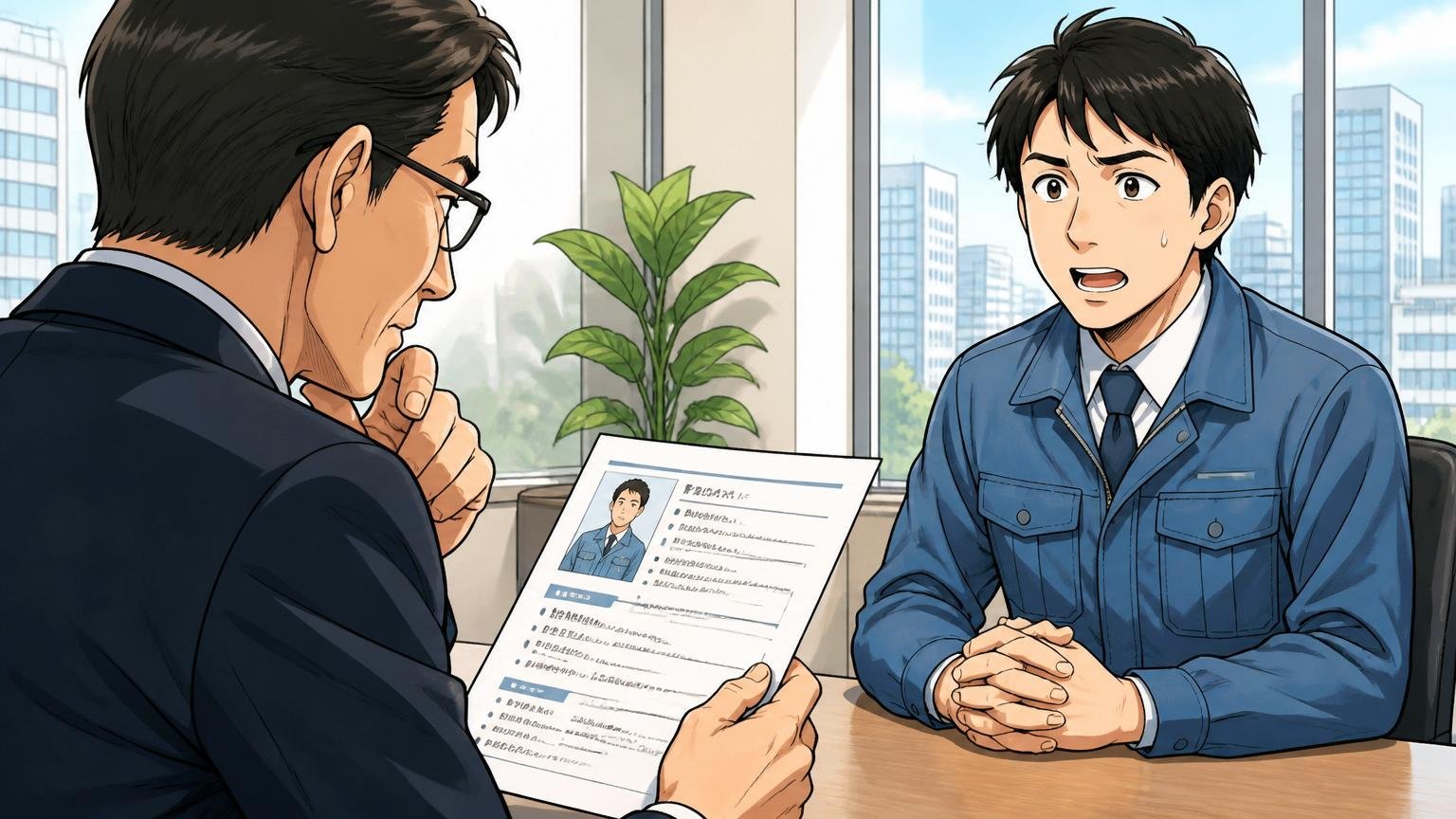 富士通ゼネラルの技術経験はどう評価されるか 都心のIT企業面接室で職務経歴書を確認する面接官と30代男性エンジニア