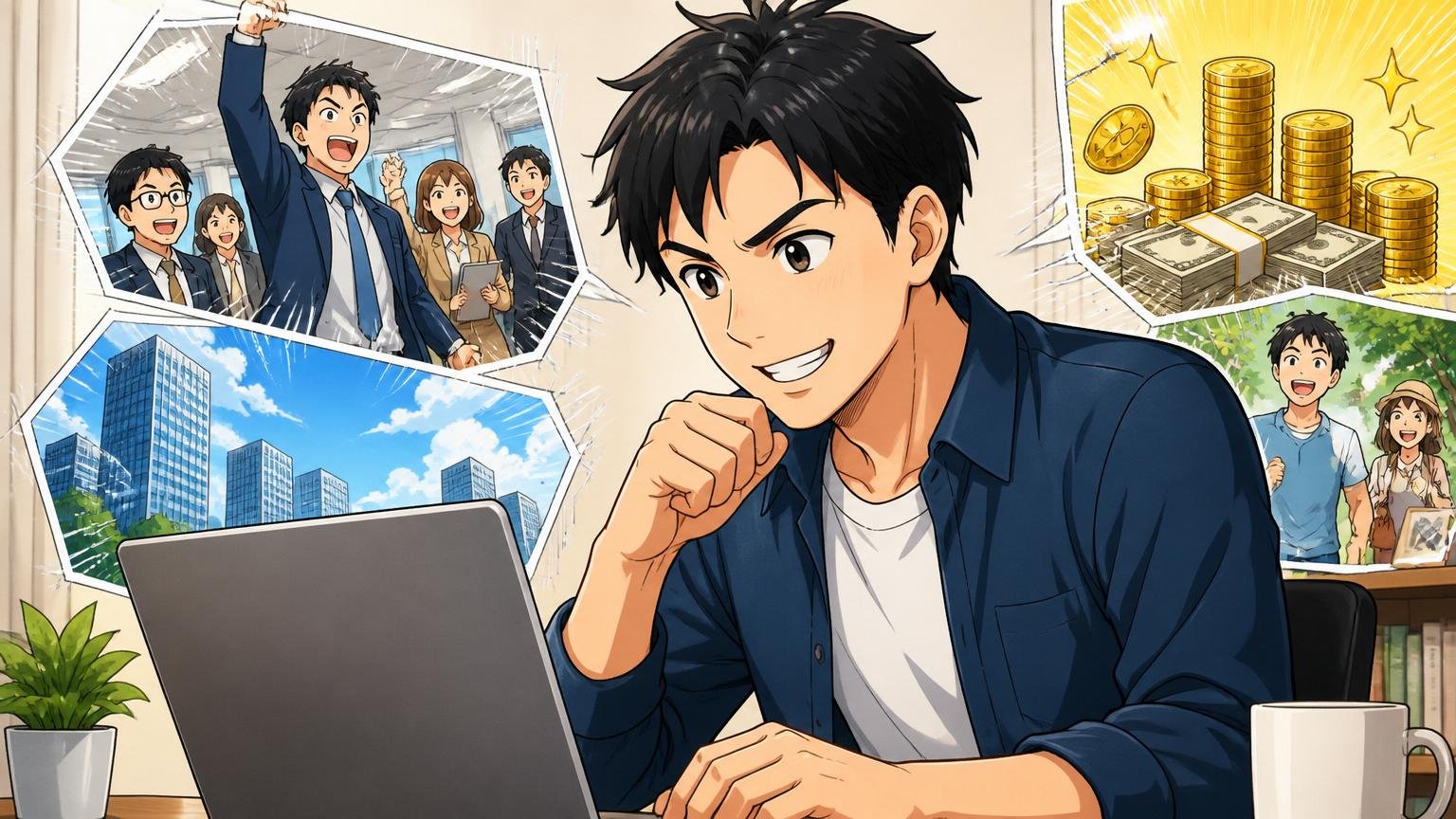 市場価値を確認して年収が上がる環境へ動く。転職を検討しPCに向かう前向きな表情の男性