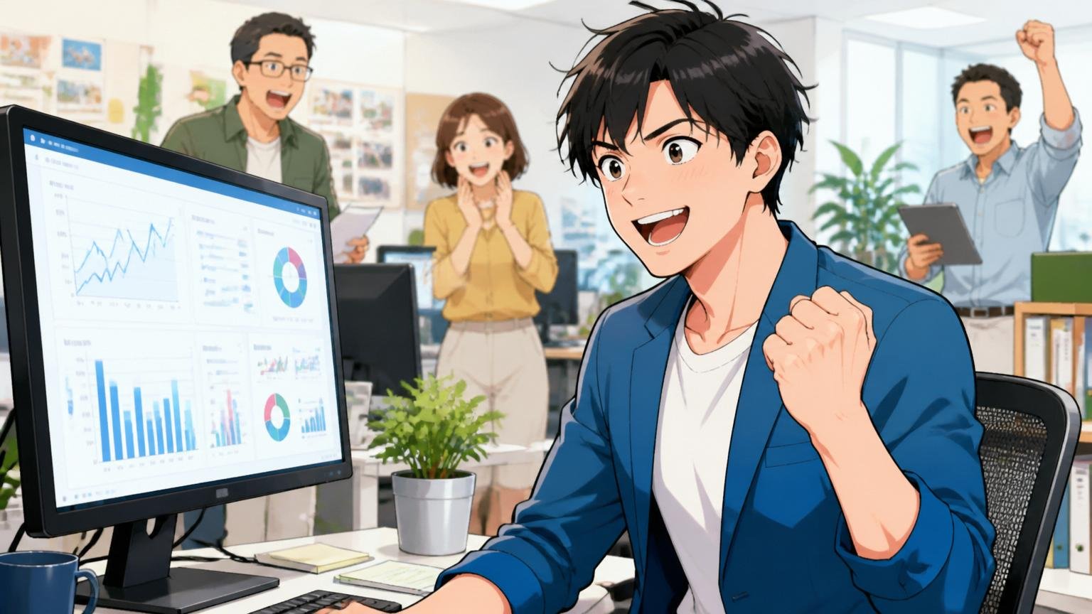 デジタルIT寄りの経験は社外で高く評価される。広告代理店のオフィスでデータ分析画面を前に自信を取り戻す社員