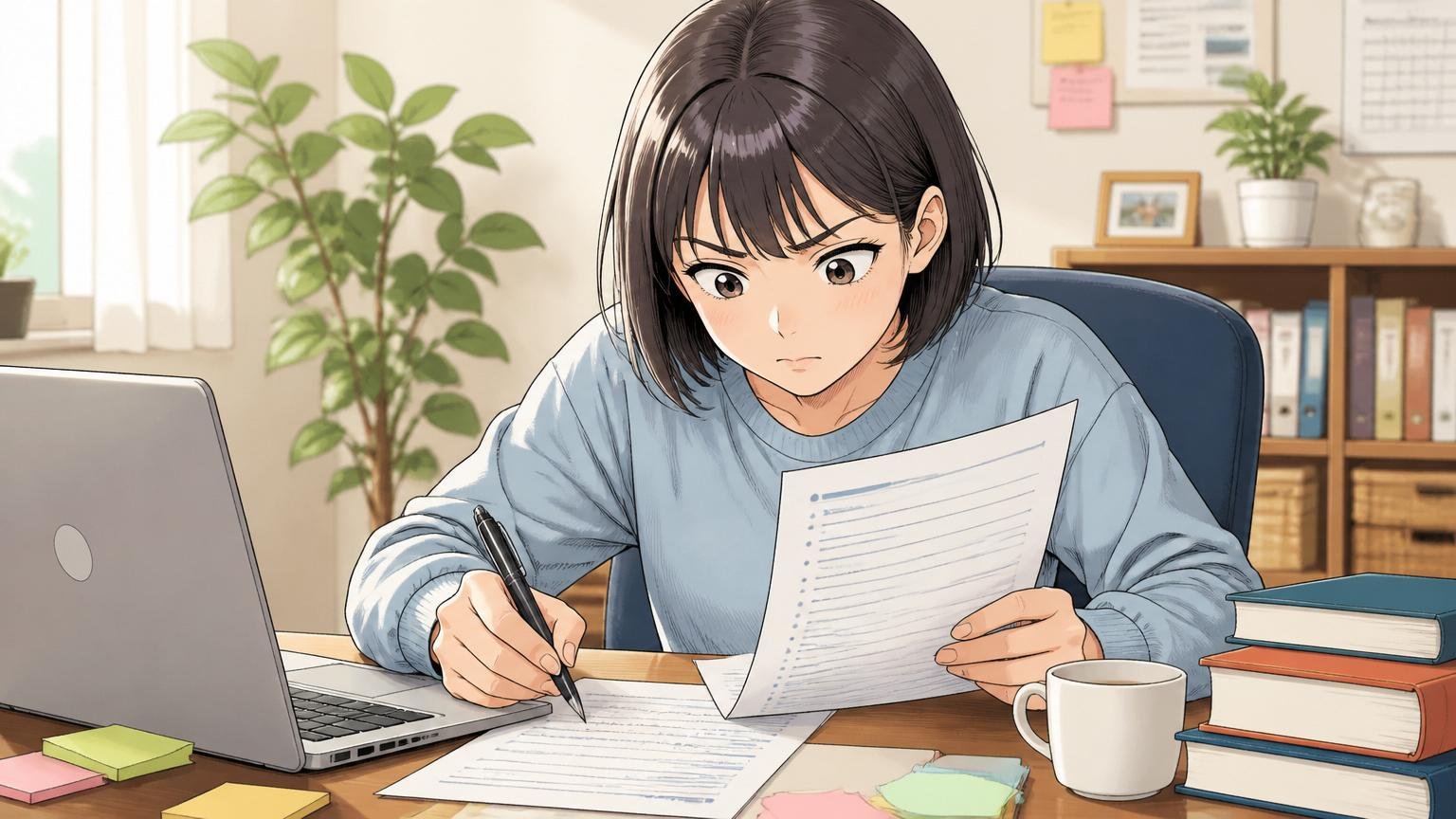 ステップ2職務経歴書を解決したことに棚卸し。自宅で女性エンジニアが職務経歴書を書き直す真剣な表情