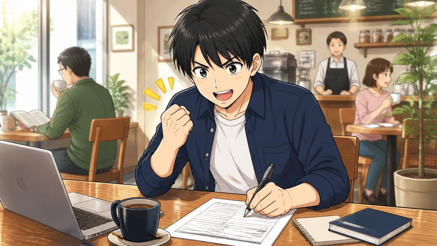 任天堂での経験を解決した課題で書き直す。カフェで男性が職務経歴書を前向きに書き直す