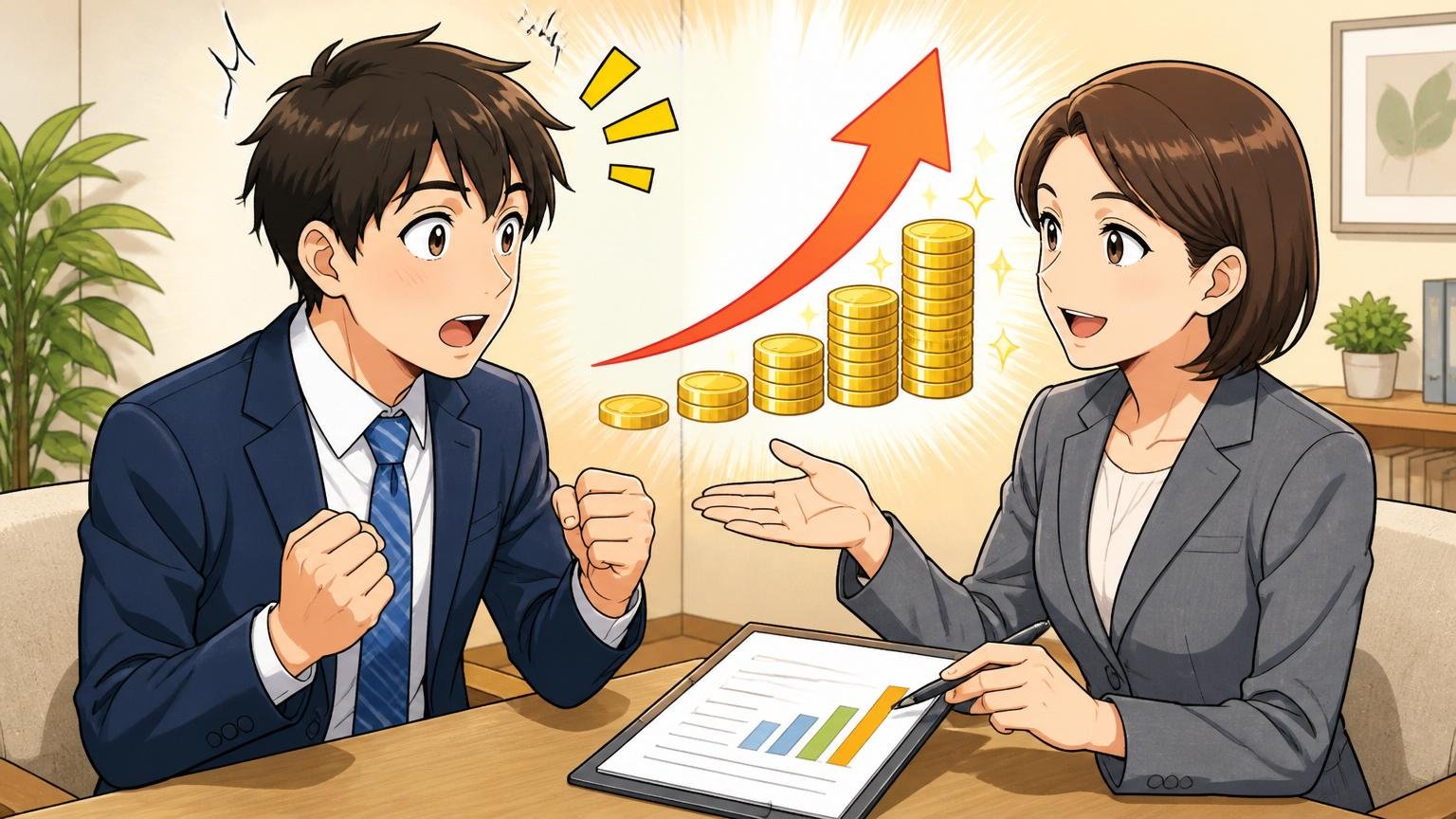転職ではなく適正評価で年収が上がる。面談スペースで冷静に説明するキャリア相談員と若手