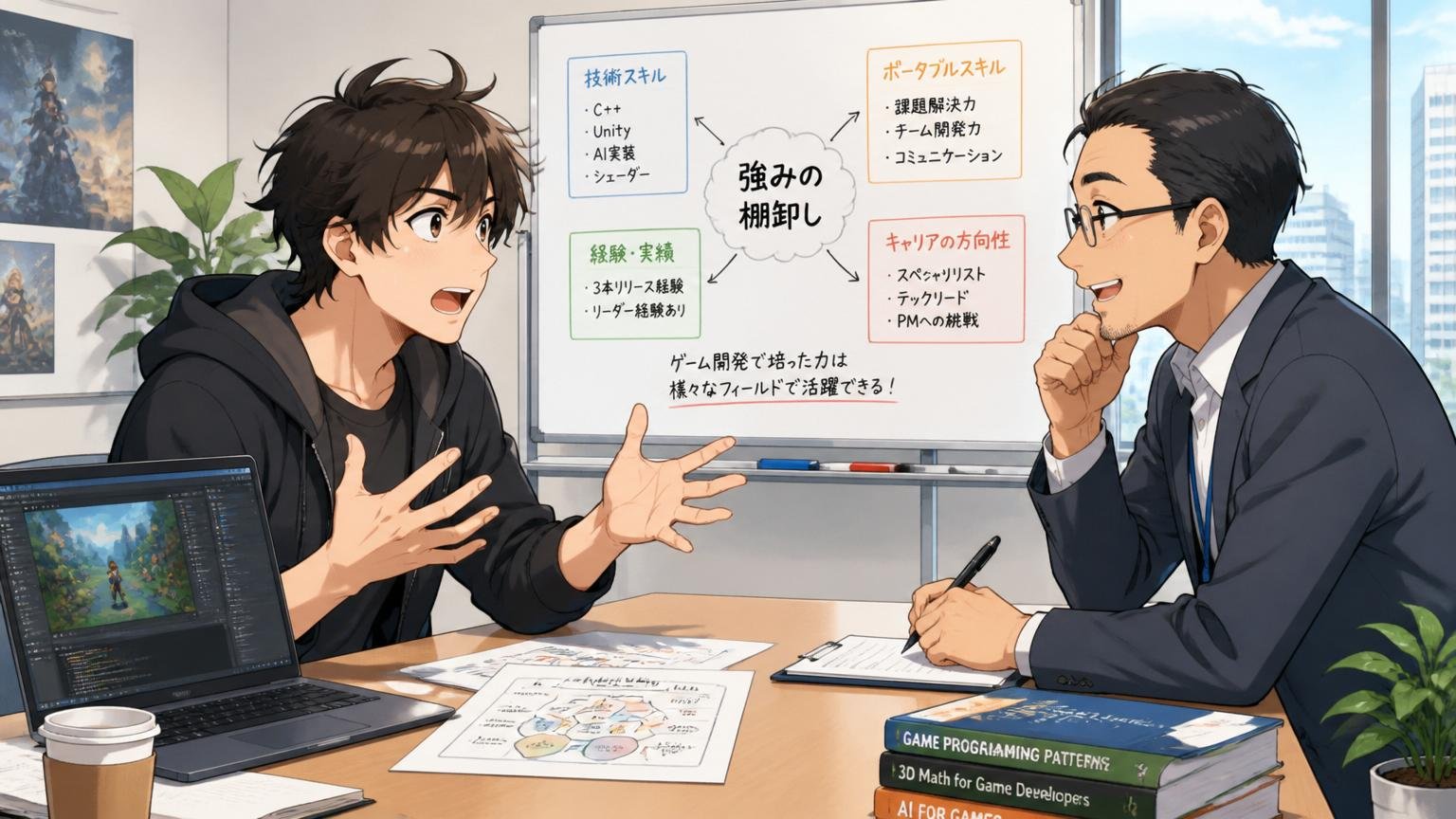 企業の会議室でキャリアアドバイザーに自分のスキルを相談するゲーム業界出身のエンジニア