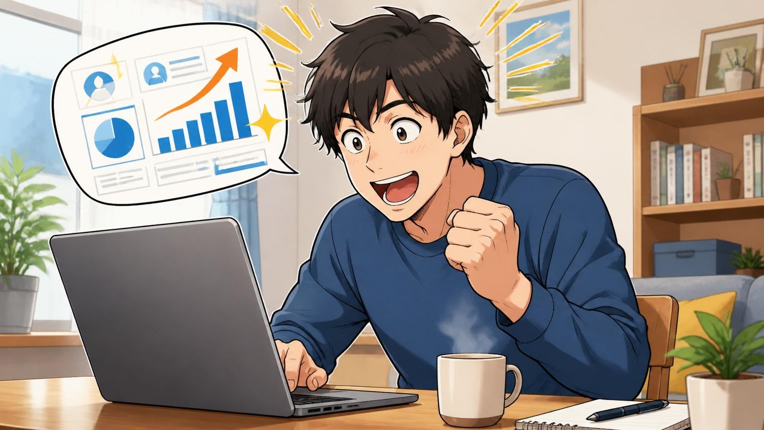 ステップ2――自分の市場価値を無料で測る。自宅でノートパソコンを開き自分の市場価値を調べる社員