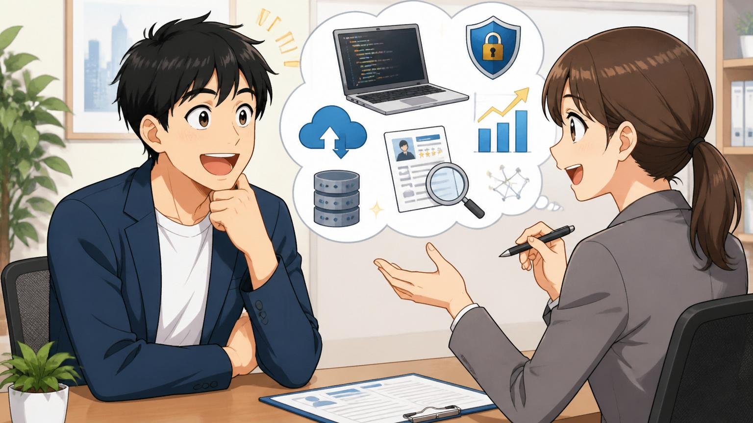 IT特化型エージェントで市場価値を測る方法を知る。転職エージェントの面談室で男女2人が和やかに面談