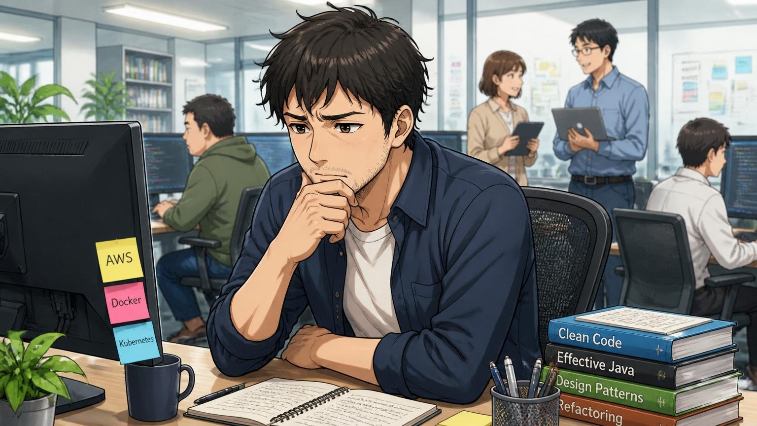 今のスキルで通用するか不安。IT企業のオフィスで30代男性エンジニアが自分のスキルを見つめ直す
