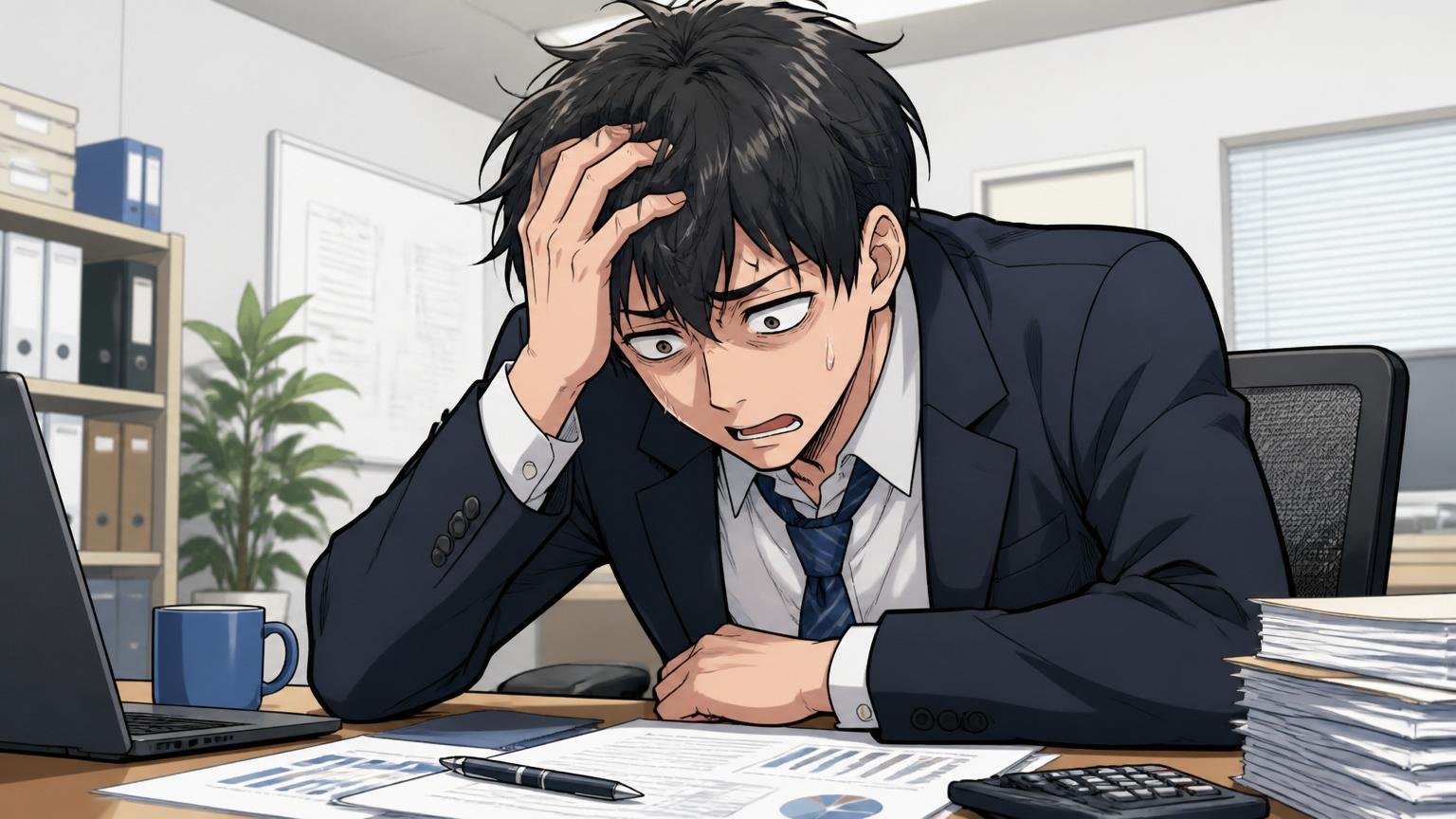 年収を下げた人がやってしまった失敗 オフィスで転職の失敗を振り返り反省する男性1人