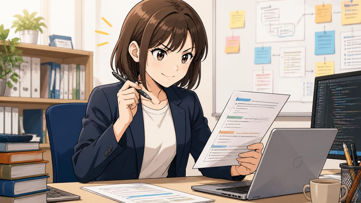 上がる人は培った経験を市場の言葉に翻訳できる｜オフィスで職務経歴書を書き直す30代女性エンジニア1人、自信の表情