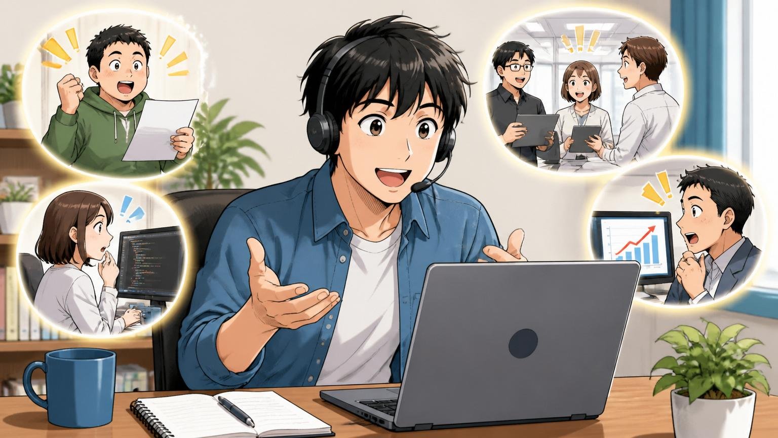 決め手は自分の市場価値を知ること、まず無料の情報収集から。オンライン面談で笑顔で相談する男性エンジニア1人