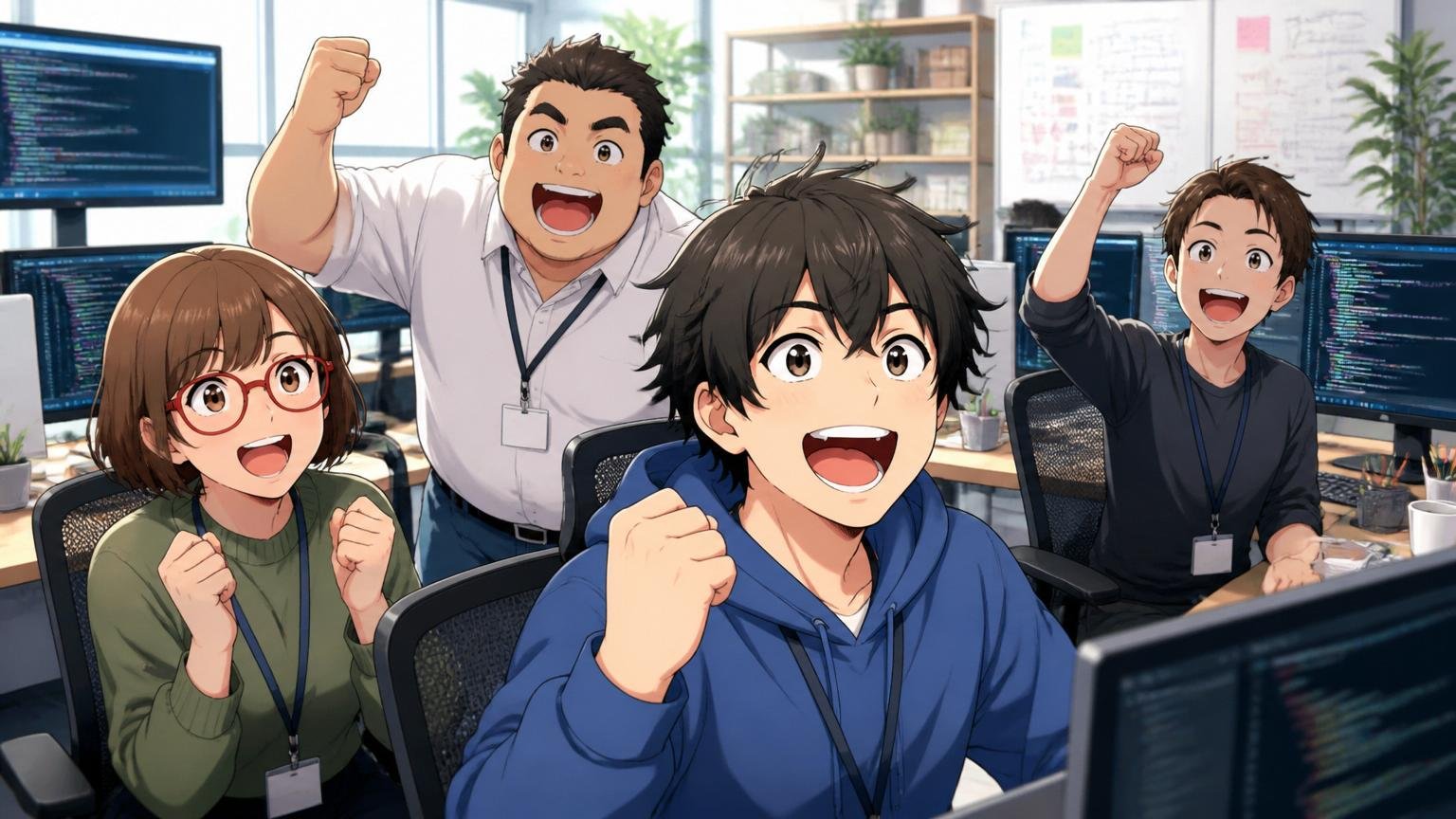 IT人材は売り手市場だから今知る価値がある。IT企業のフロアで前向きな表情の数名のエンジニア