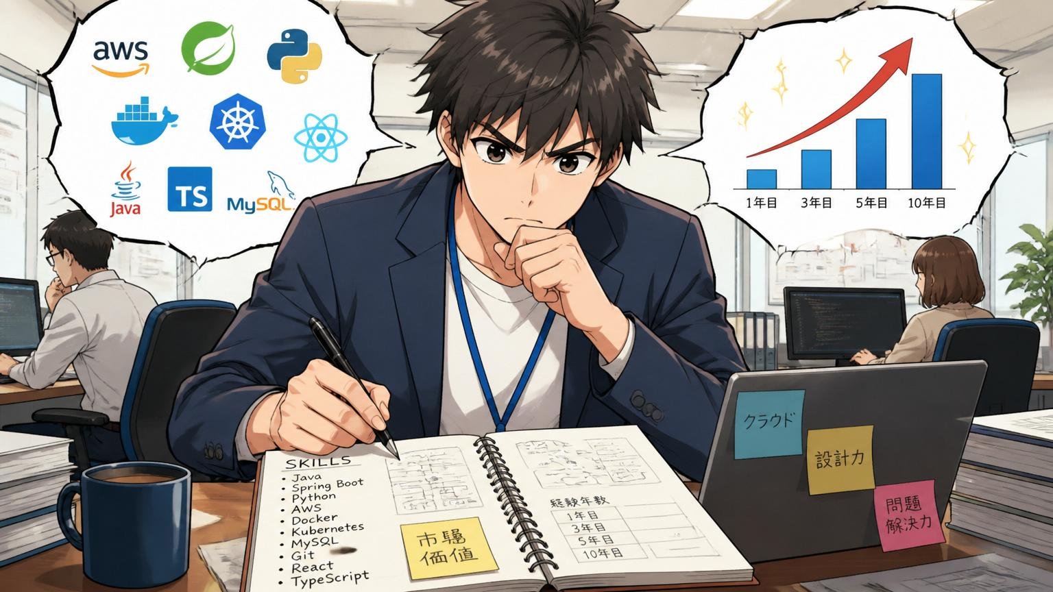 市場価値は技術スタックと経験年数で決まる。SIerのオフィスで自分のスキルを書き出す男性エンジニア1人