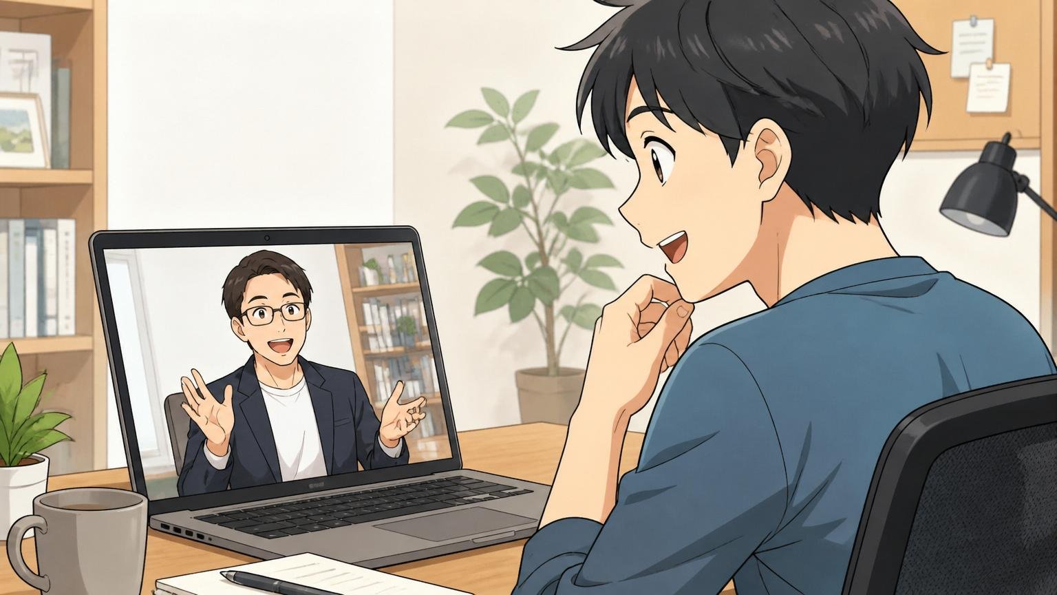 無料相談は転職するためじゃなく残留も含めて判断するため オンライン面談で在宅のエンジニアがアドバイザーと話す 安心した表情
