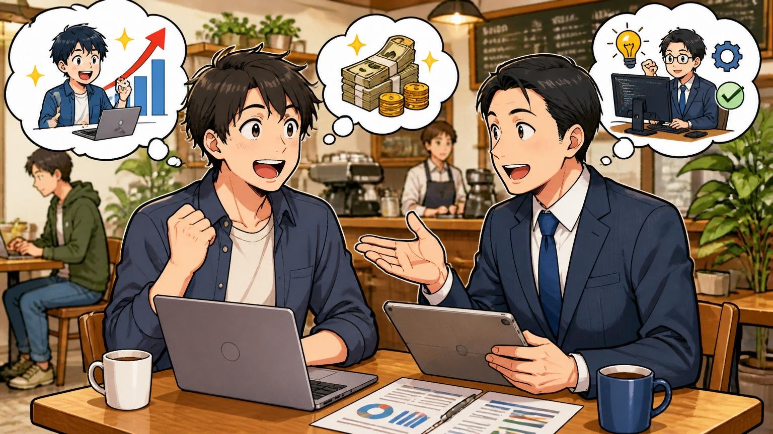 転職して年収が上がる人と転職が向いている人。カフェで男性エンジニアがエージェントと相談
