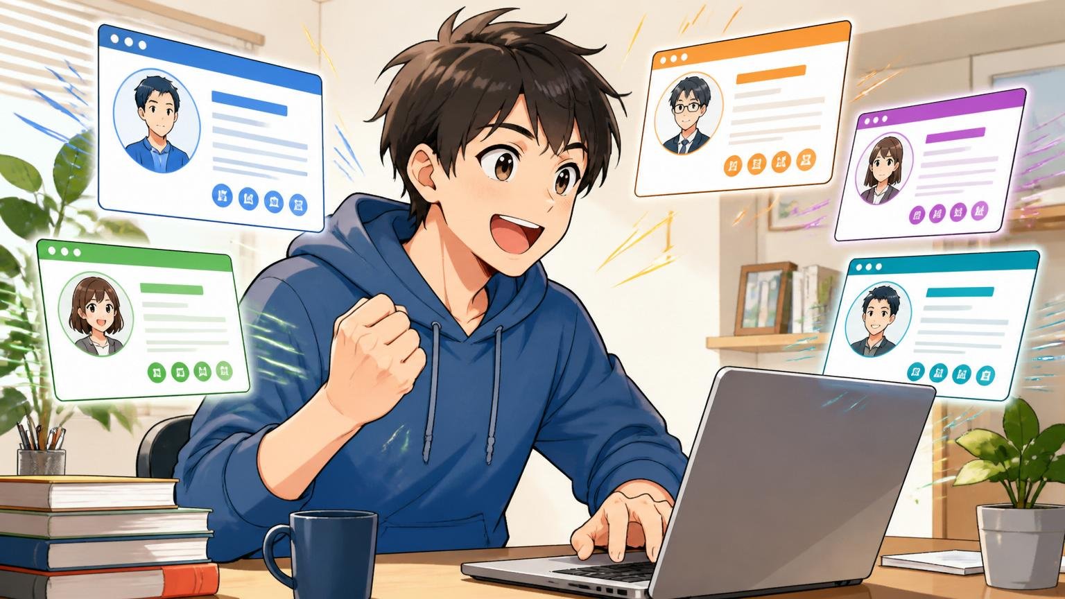 IT特化型を含む複数の転職エージェントに登録する、自宅のデスクで複数の転職エージェントに登録するエンジニア1人、前向きな表情