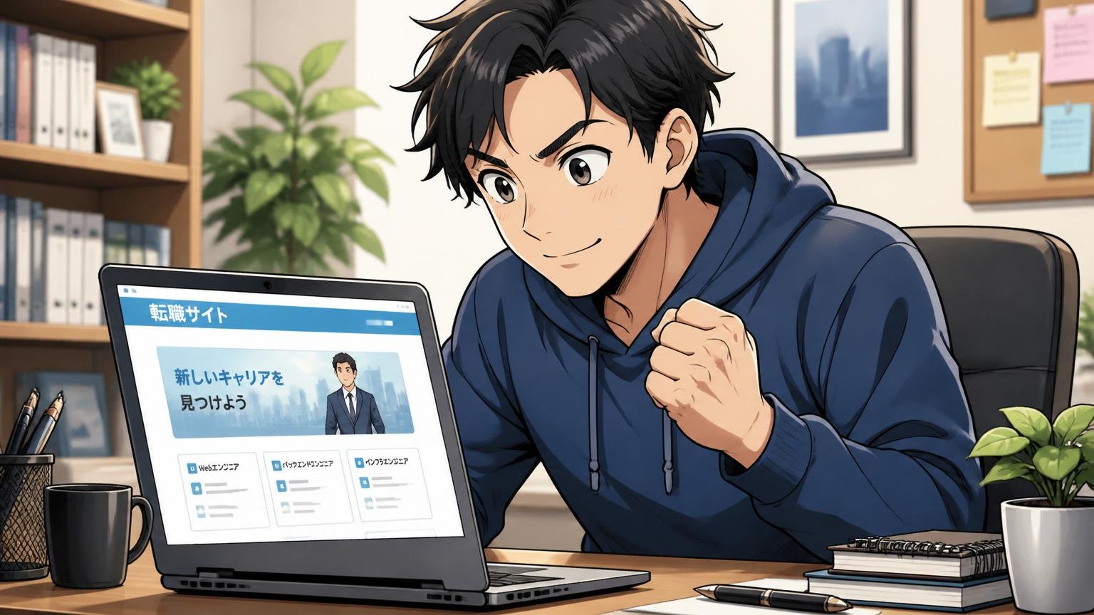 自宅のデスクで転職サイトを開き前向きな決意の表情を見せる20代後半のエンジニア1人