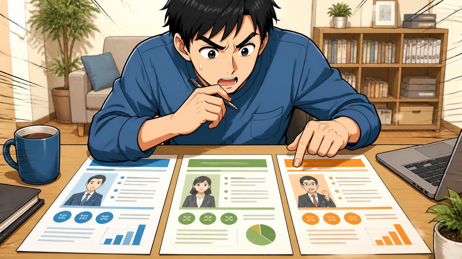 IT特化型エージェントを複数比較。自宅のデスクで30代男性が3社のエージェント資料を並べて見比べて検討する