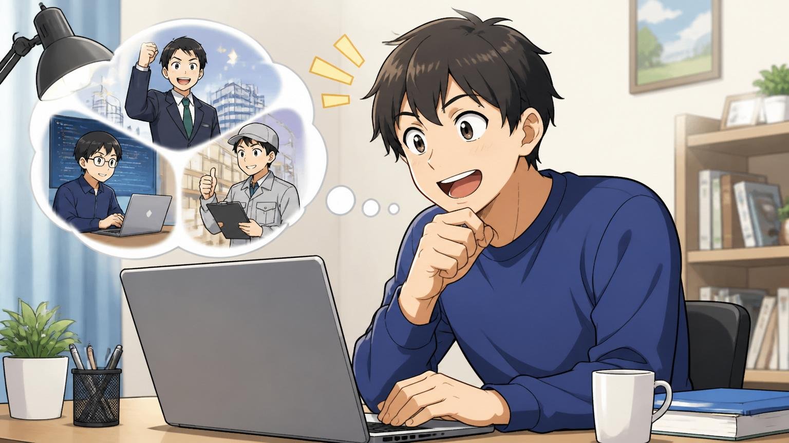 動くを検討すべきケース。自宅デスクで転職サイトを開いて検討を始める社員1人