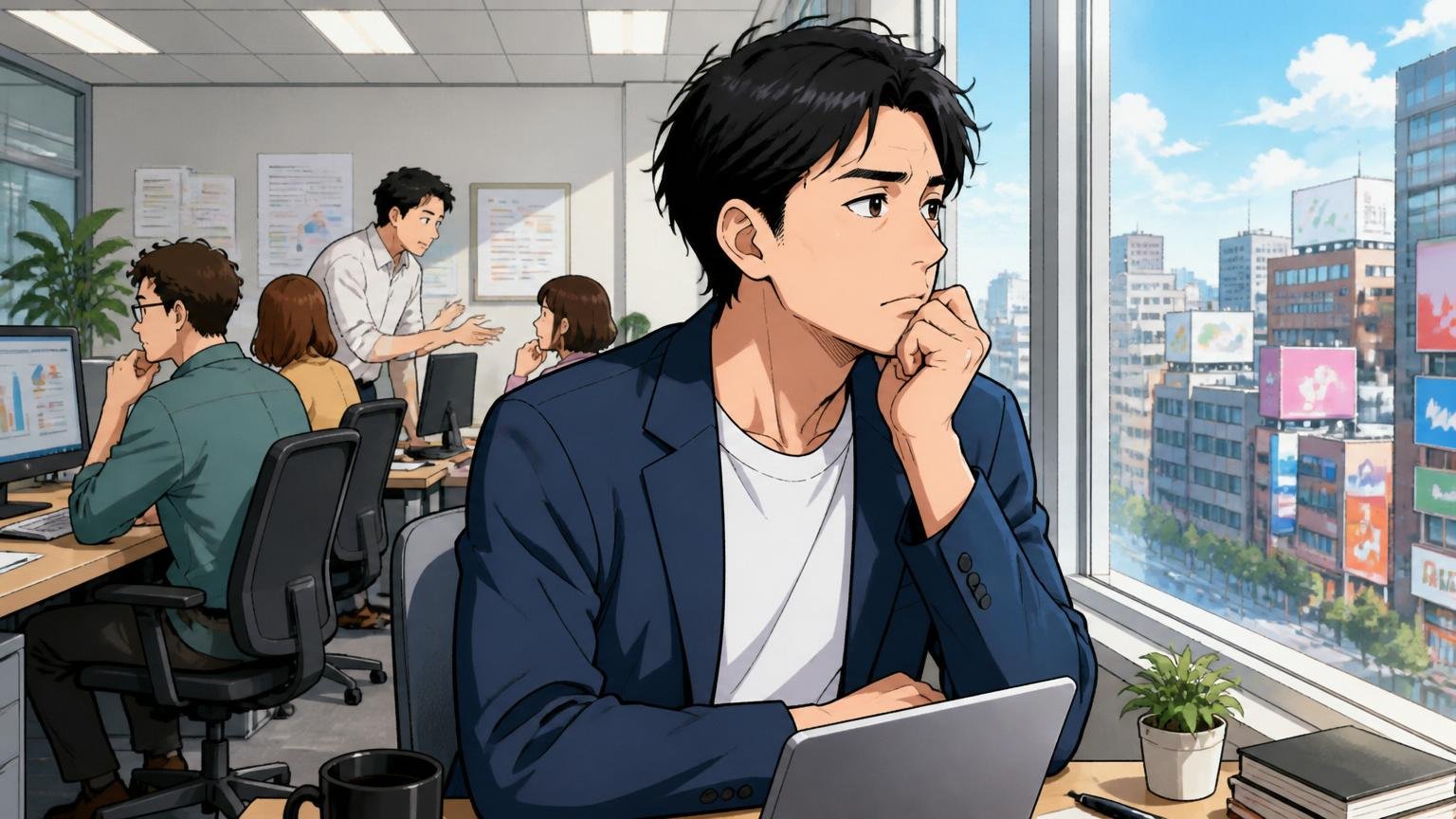 それでも転職を検討した方がいいサイン、Web広告代理店のオフィスで30代社員1人が窓の外を見て考え込む