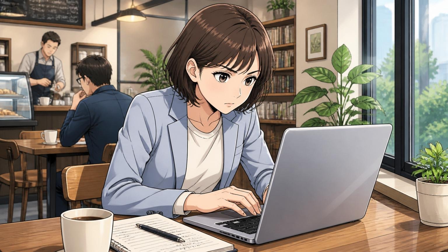 職務経歴書を解決したことで書く。カフェでノートPCに職務経歴書を書き込む30代女性エンジニアが集中する表情