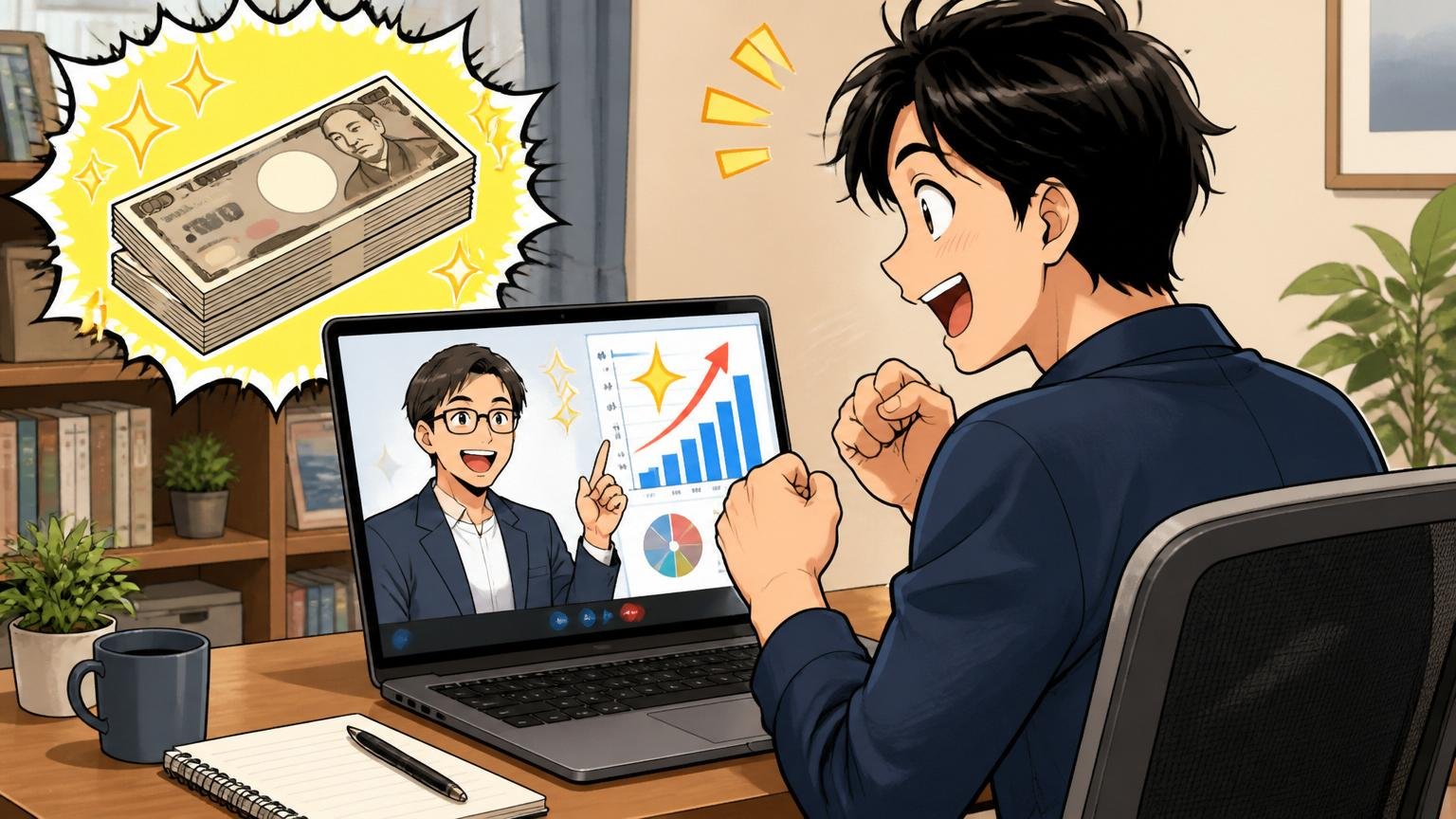 自宅のデスクでオンライン相談を通じ自分の市場価値を見積もってもらうエンジニア1人