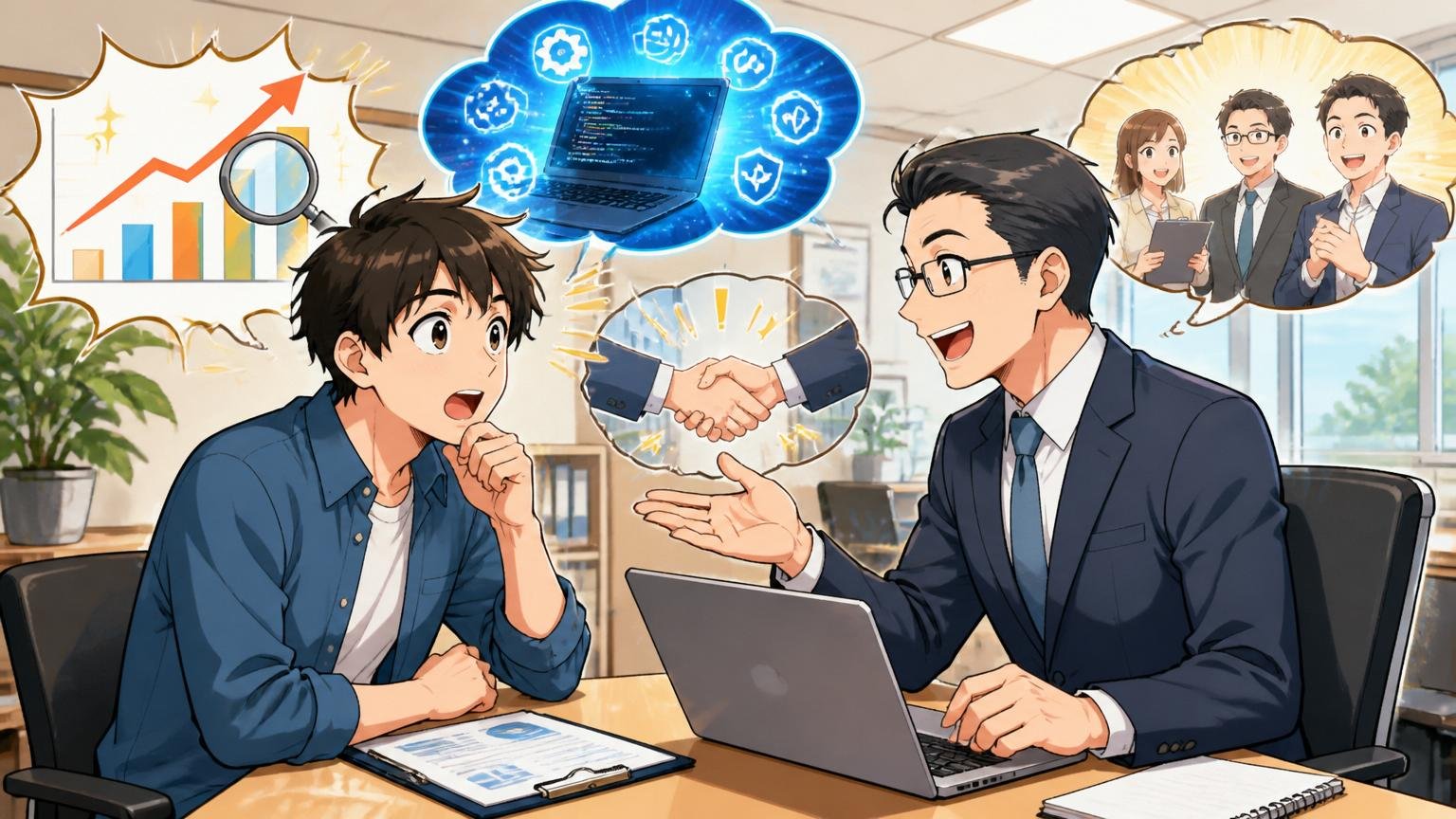 市場価値を知る方法とIT特化型エージェントの使い方。オフィスでアドバイザーと向き合って話す男性求職者と担当者の2人