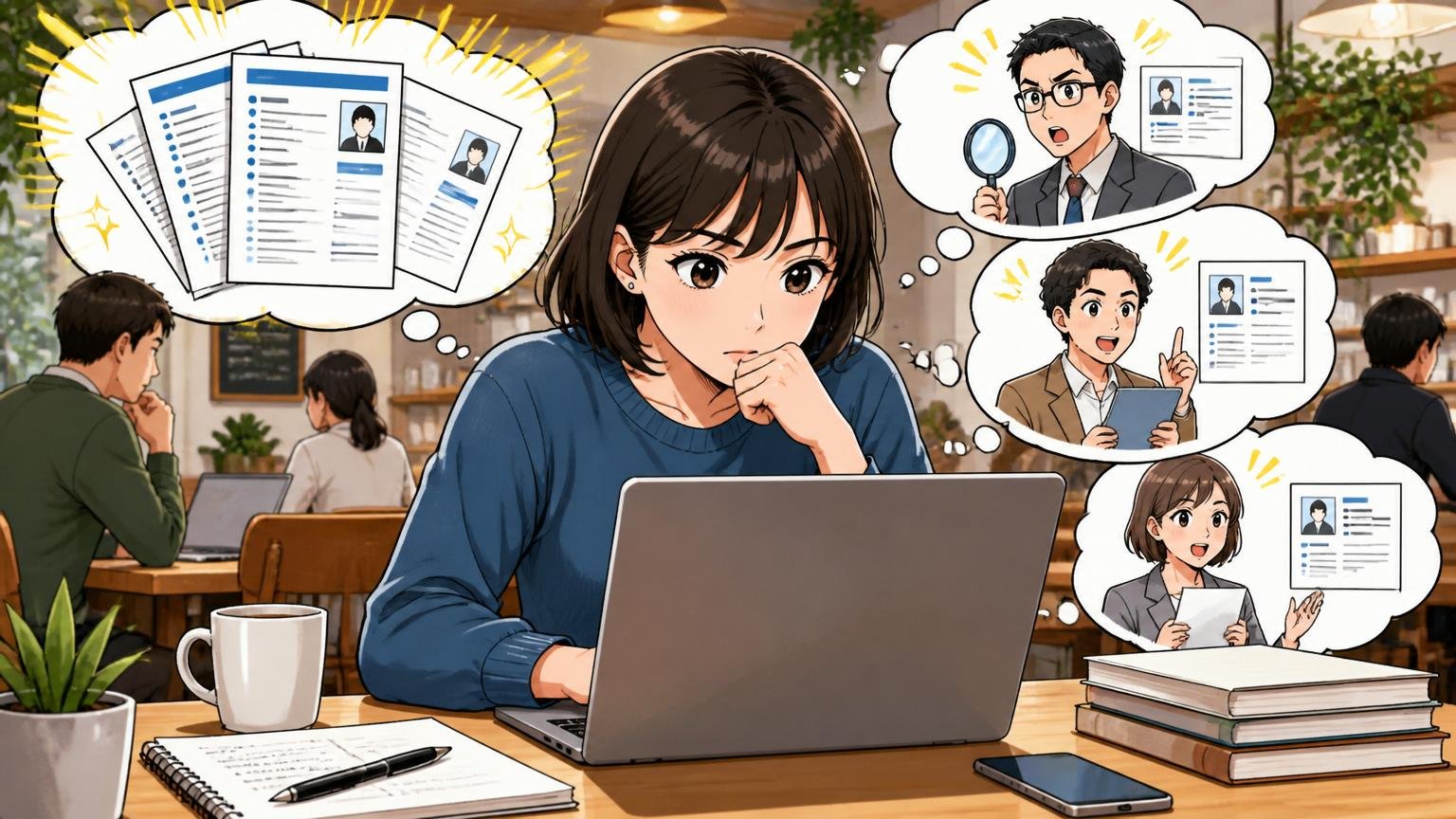 職務経歴書のブラッシュアップと複数エージェントの比較。カフェでパソコンに向かい集中する女性エンジニア1人