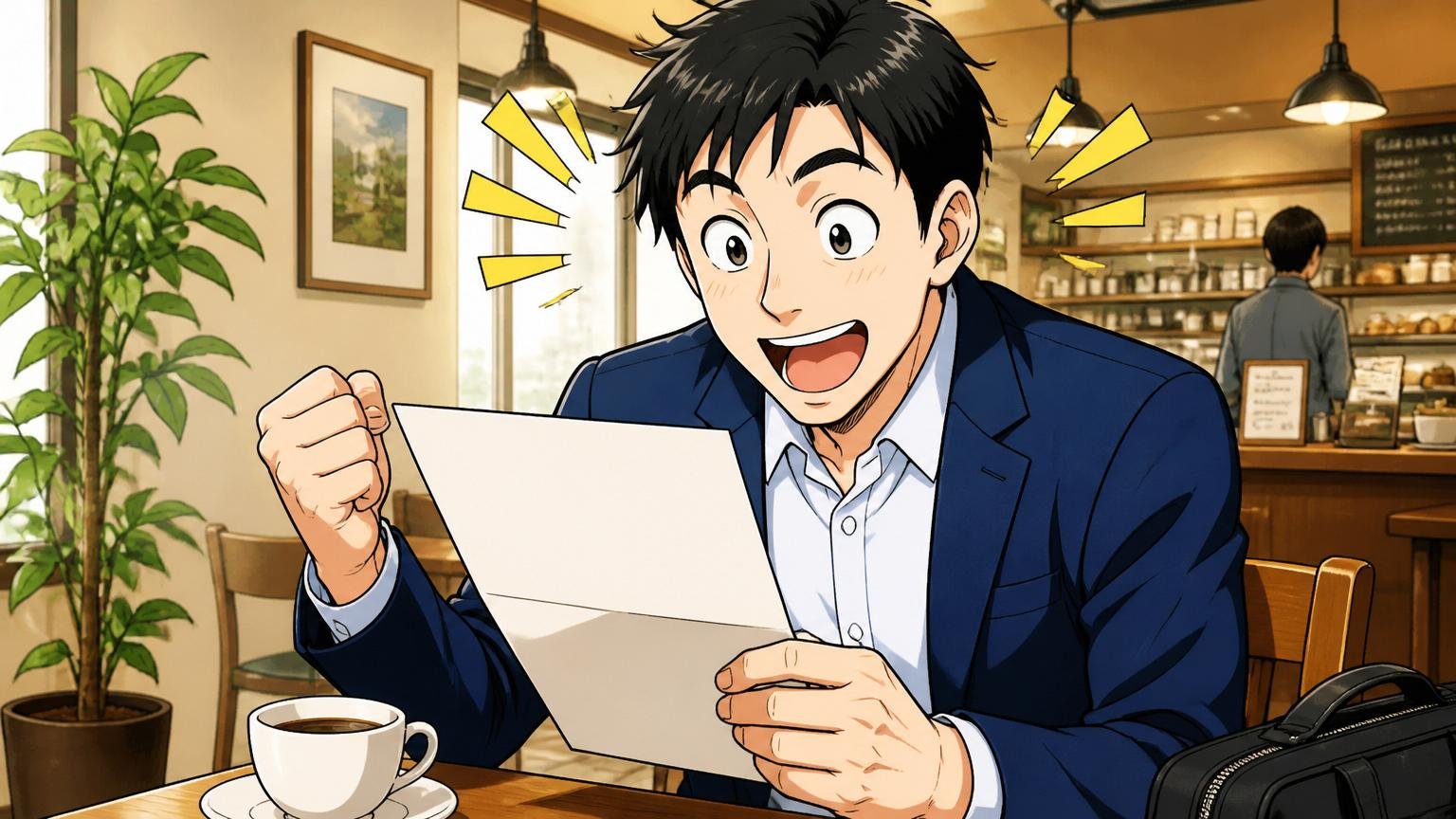 実際に動いた人はどうなった年収100万円アップの実例 カフェで内定通知を見て驚き喜ぶ転職した30代男性1人