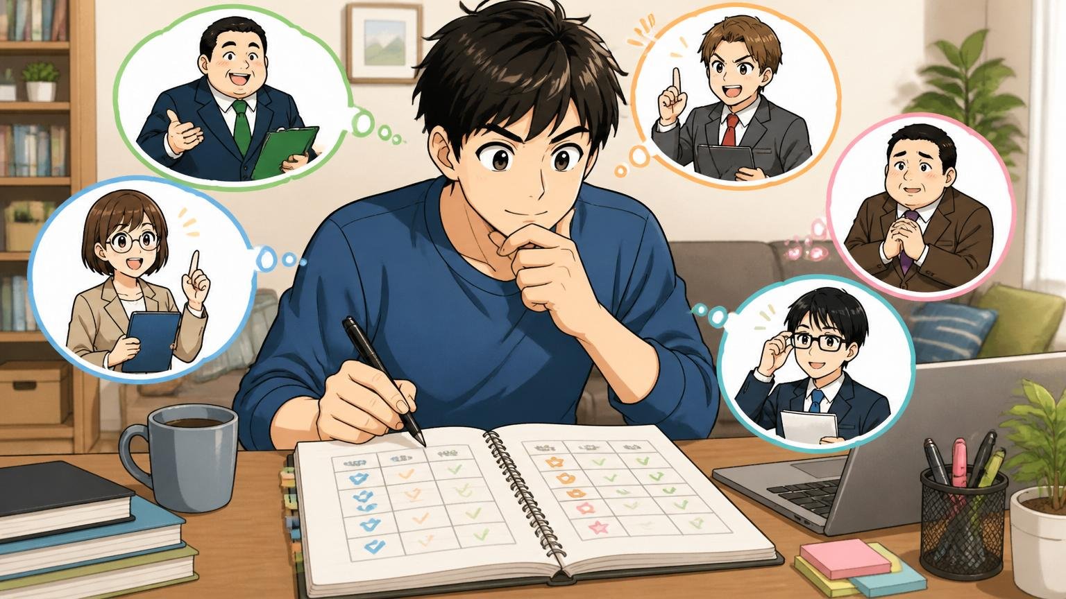 エージェントは1社に絞らず複数を比較する。自宅で30代男性が複数の面談予定をノートに整理する