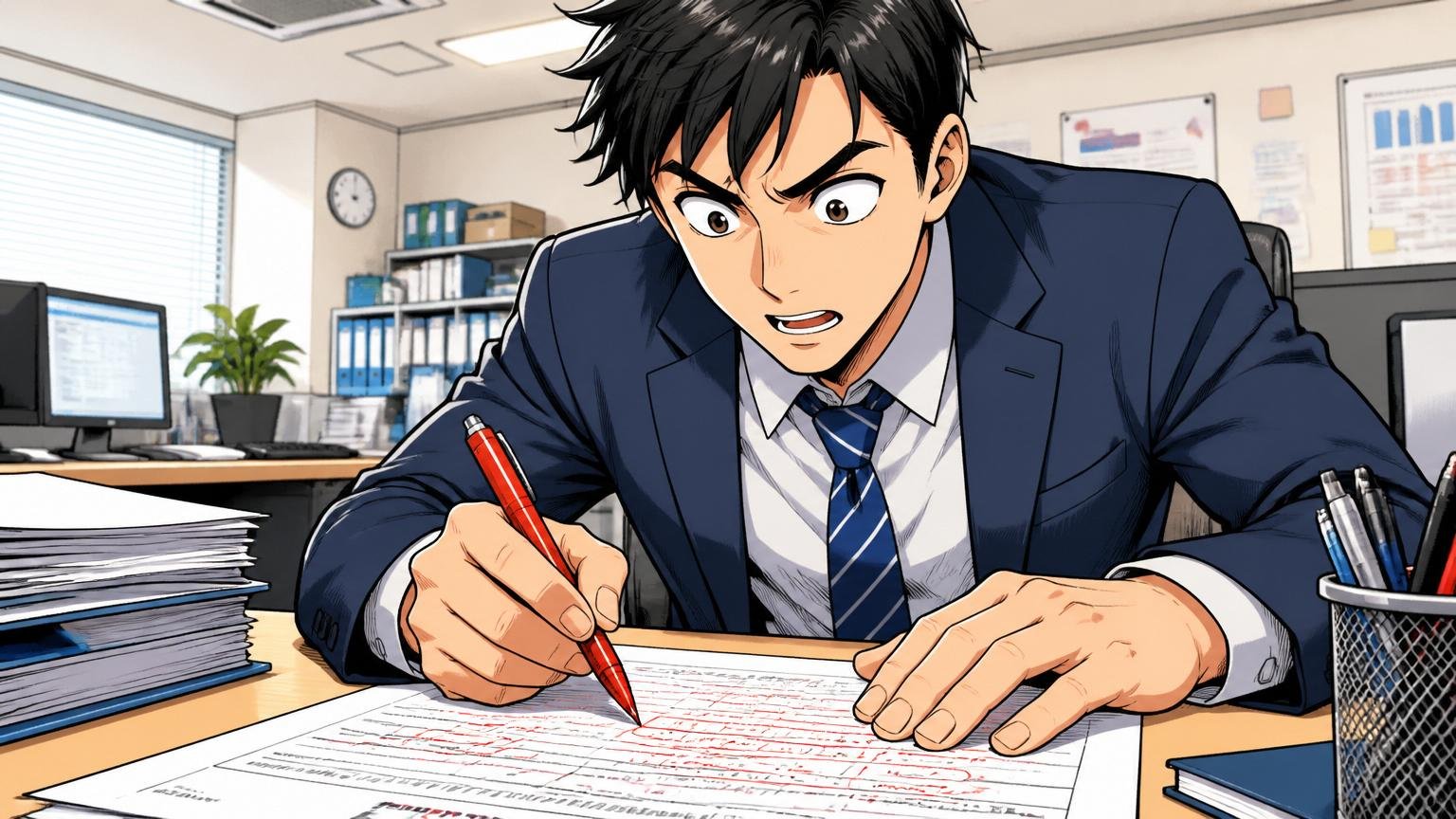 ステップ2職務経歴書を解決したことで書き直す。企業のデスクで30代男性が職務経歴書を赤ペンで修正する