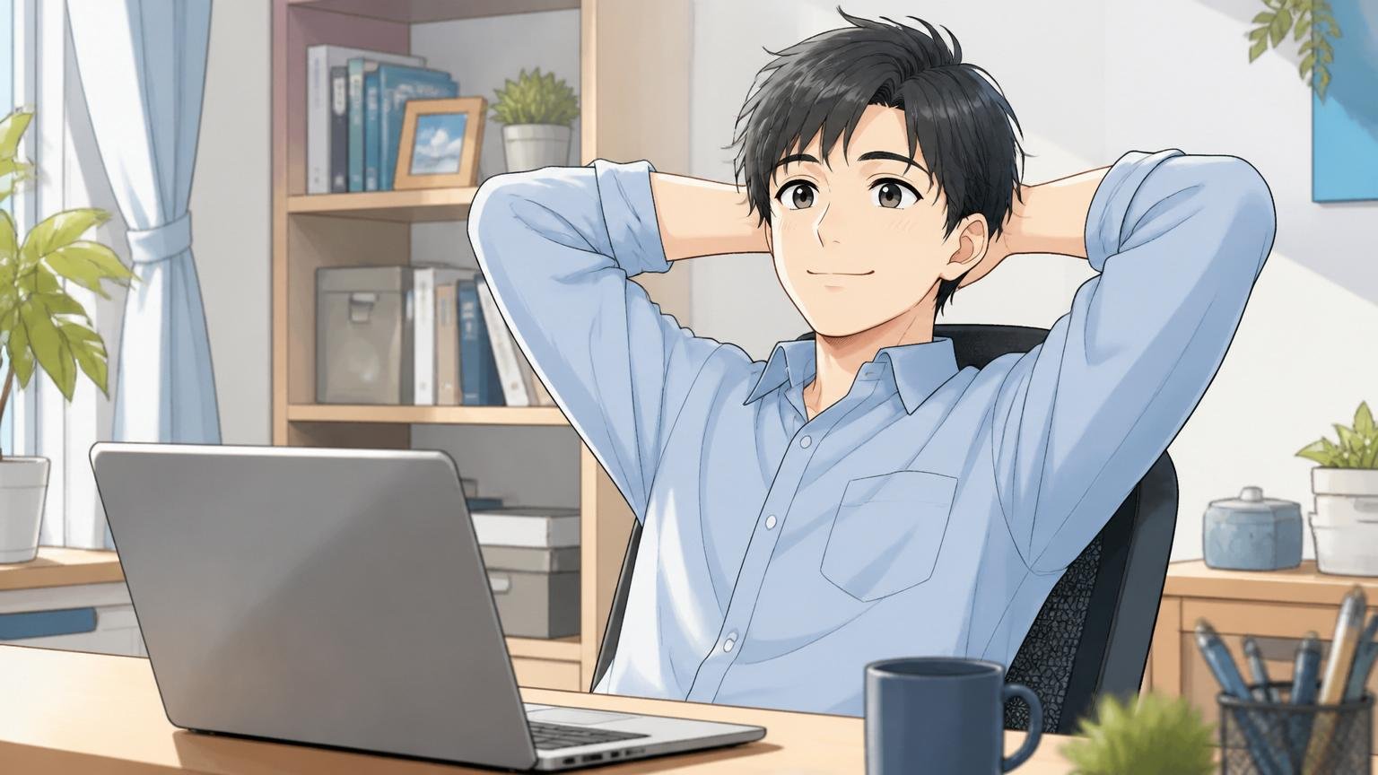 今すぐ決めなくていい。自宅のデスクで在宅勤務の男性社員が肩の力を抜いて穏やかに微笑む