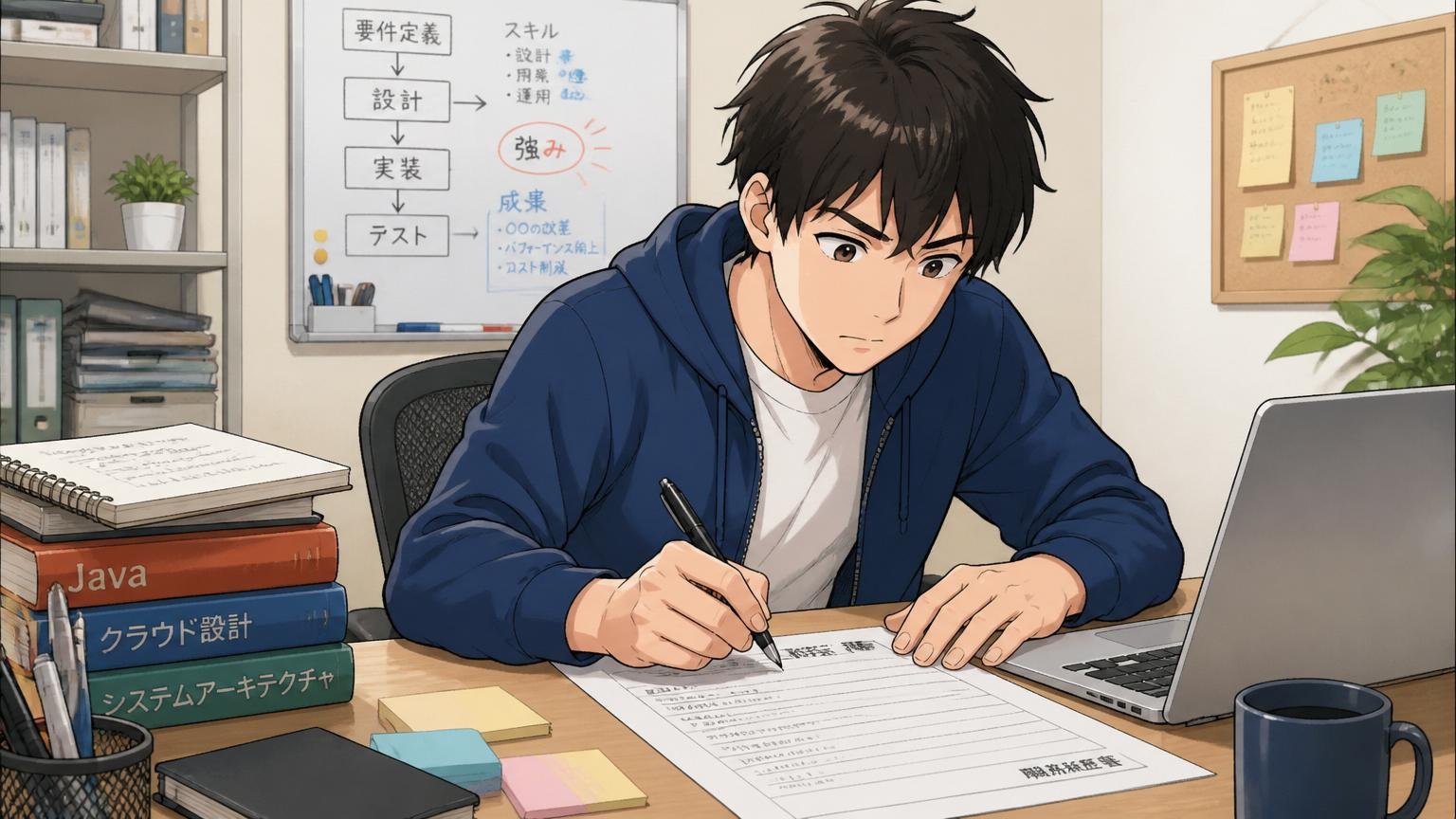 評価されるのは言語化された経験。自宅のデスクで男性エンジニアが職務経歴書を真剣に書き込む