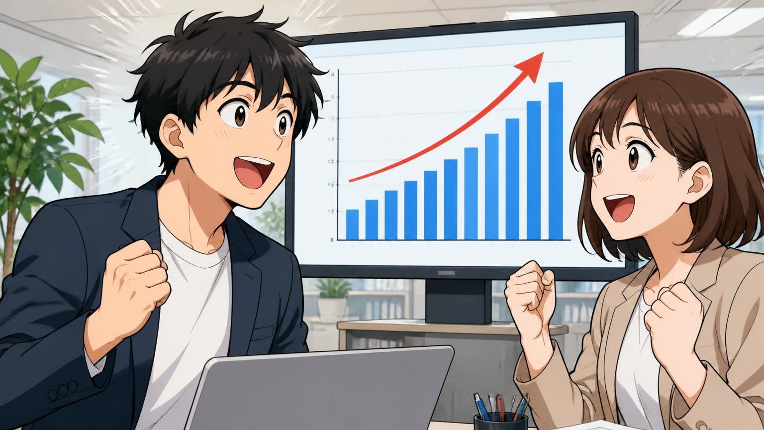 エンジニアの市場価値は構造的に高まっている|IT人材不足のグラフを前に希望を感じる若手社員2人