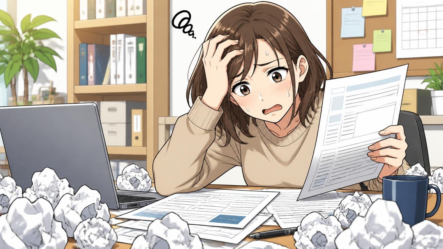 職務経歴書で経験を伝えきれていない失敗 自宅のデスクで職務経歴書を何度も書き直す30代女性 困った表情