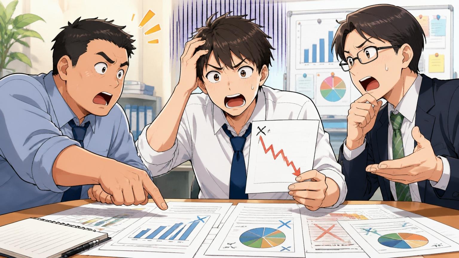 年収アップに失敗する人の共通パターンと回避法。オフィスで男性社員3人が資料を囲んで話し合う