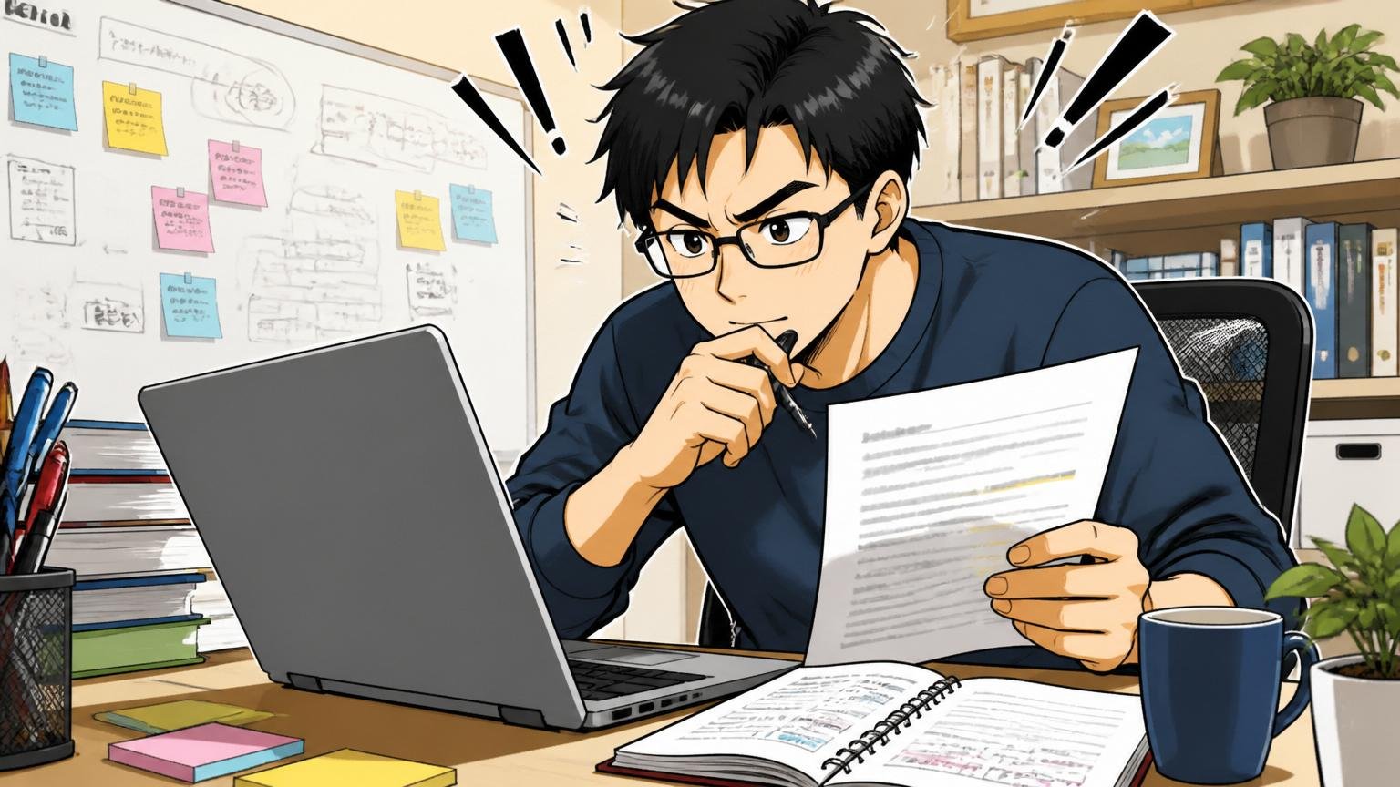 職務経歴書を書き直しながらエンジニアの成果を言語化する場面。自宅のデスクで30代男性エンジニアがノートPCでドキュメント編集中。1人のシーン