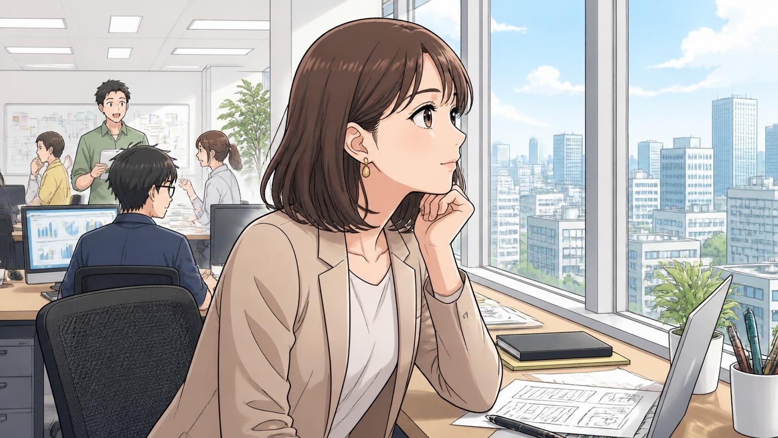 デジタル広告代理店のオフィスで30代女性社員が窓の外を見つめキャリアの転機を感じ取る静かな決意の表情