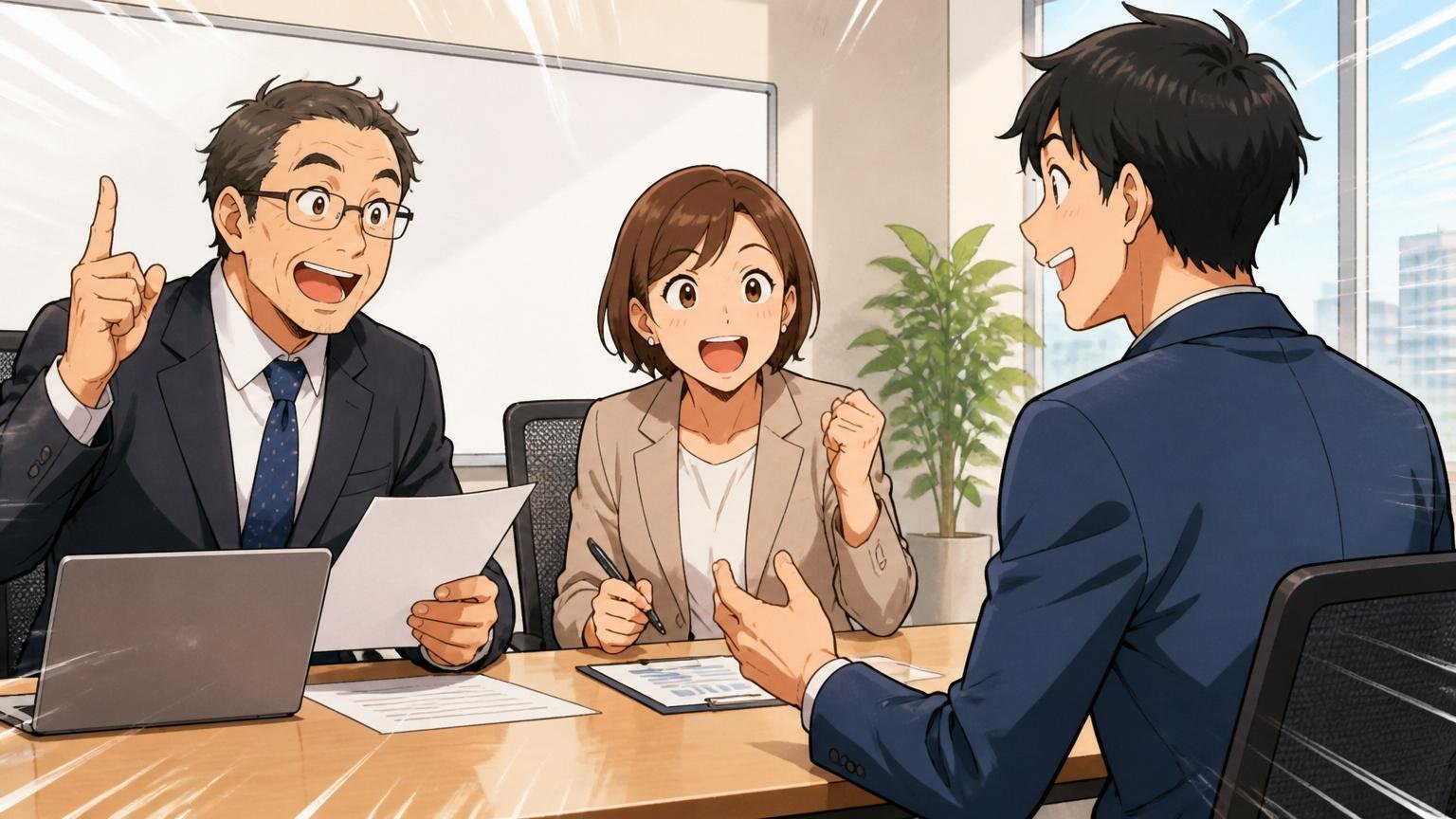 システナの経験者がいま売れる3つの理由。企業の会議室で面接官2人と中途応募エンジニアが活気のある面談をしている