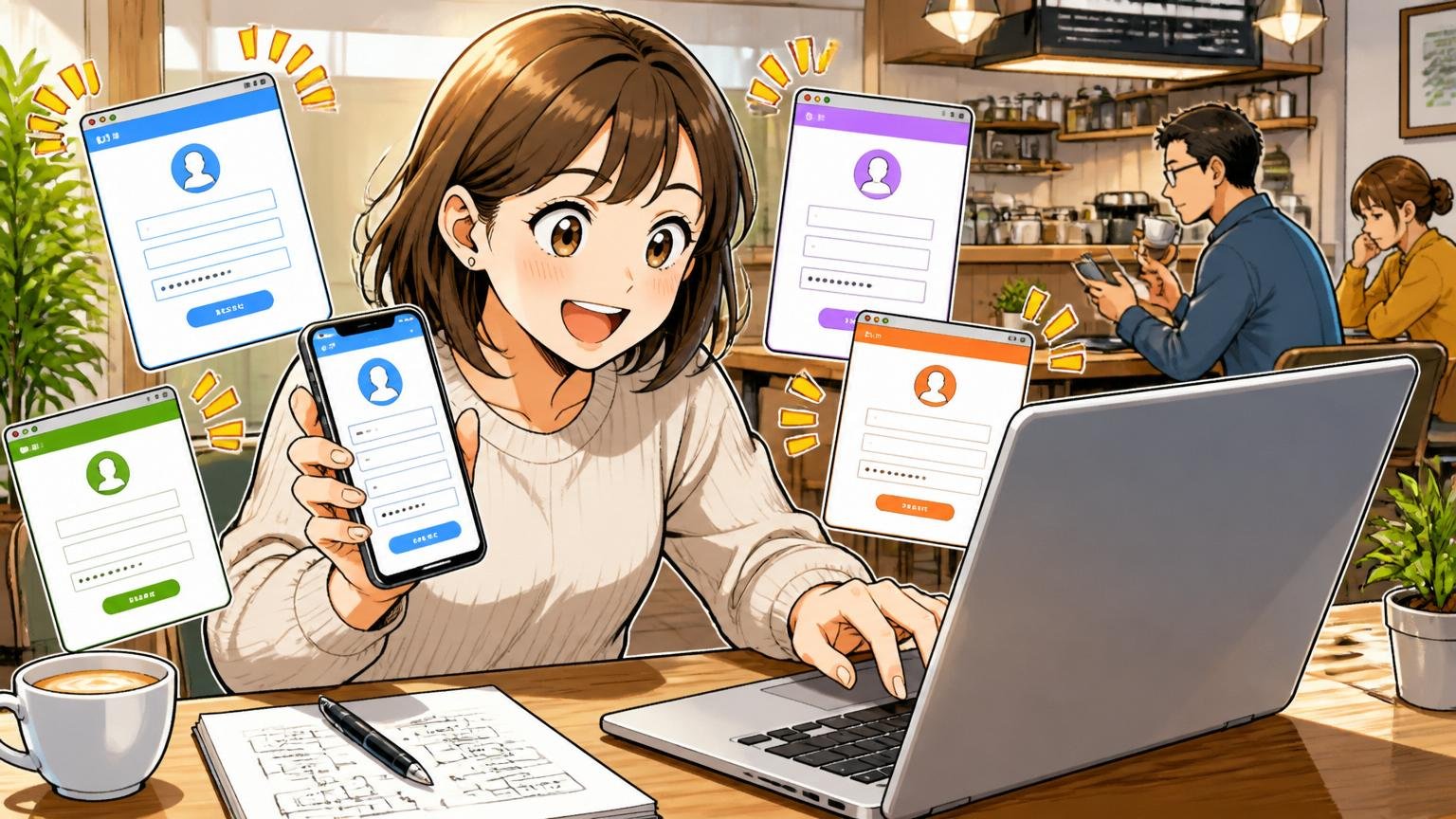STEP2複数エージェント登録｜カフェでスマホとノートPCで複数の転職エージェントに同時登録する30代女性エンジニア
