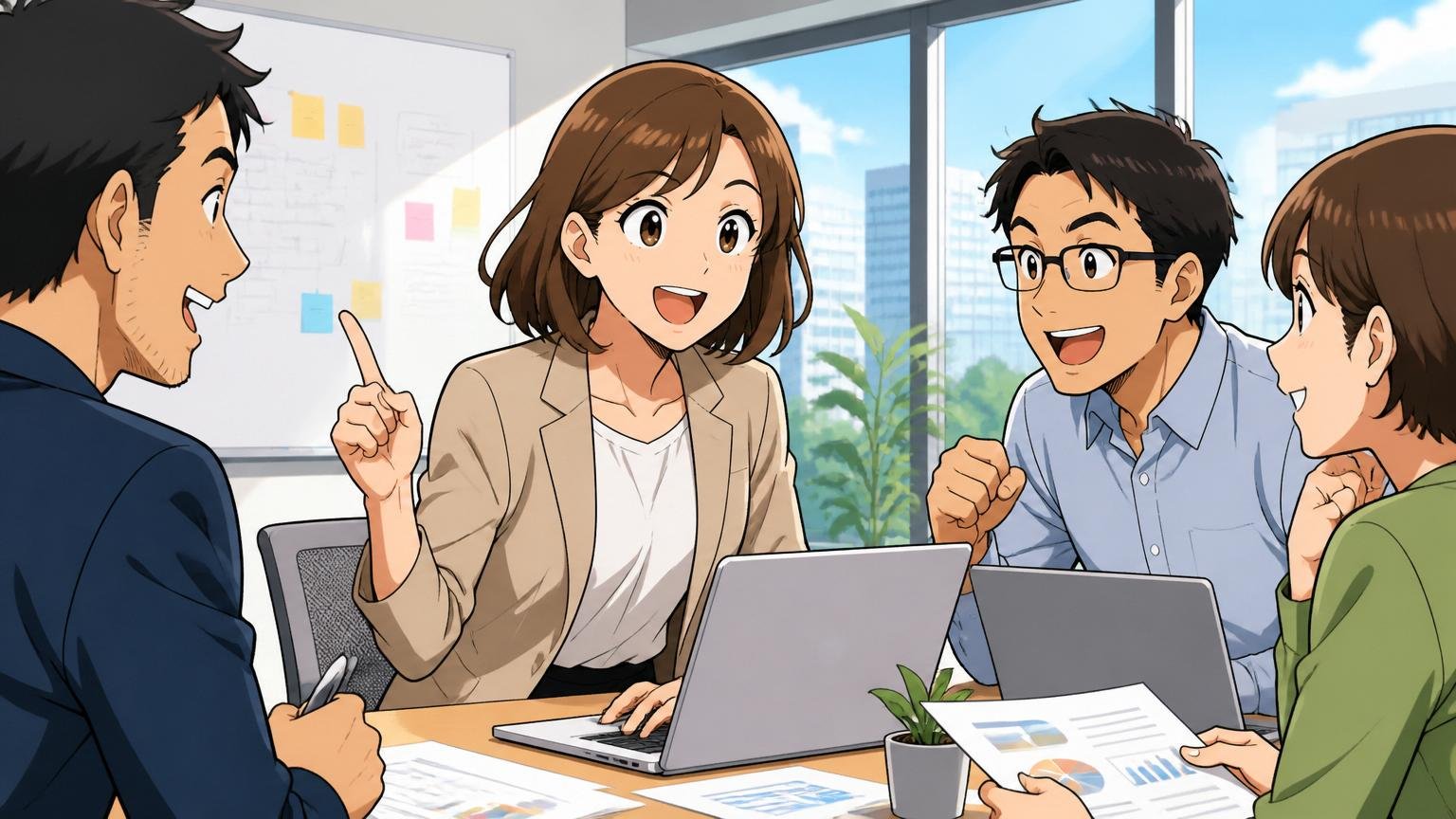転職に後悔しない3つの共通点を実践する30代女性SEが新しい会社のオフィスで自信を持って同僚と笑顔で打ち合わせ