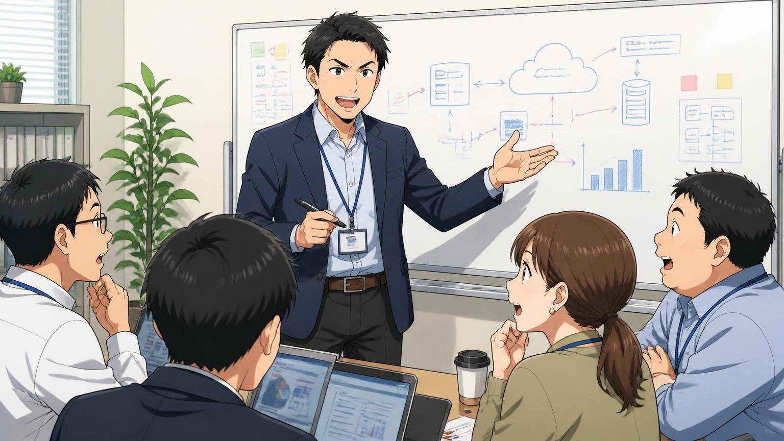 大手事業会社のIT部門オフィスで社内SE向けの会議を進行する30代後半マネージャー1人
