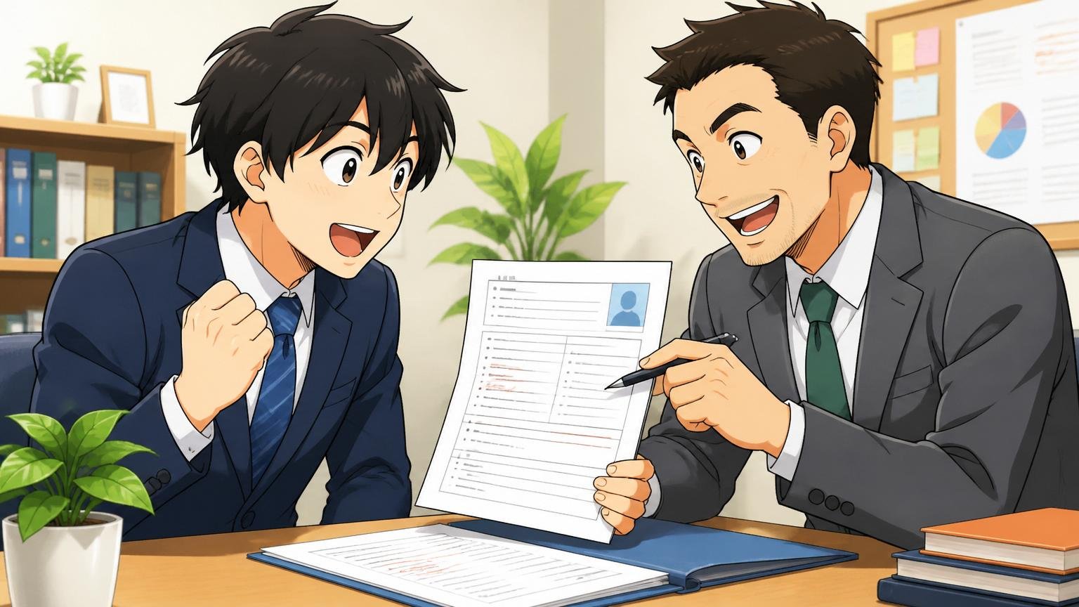 エージェントからフィードバックをもらいながら職務経歴書を改善する転職者｜転職エージェントのカウンセリングルームで職務経歴書を一緒に見るカウンセラーと求職者