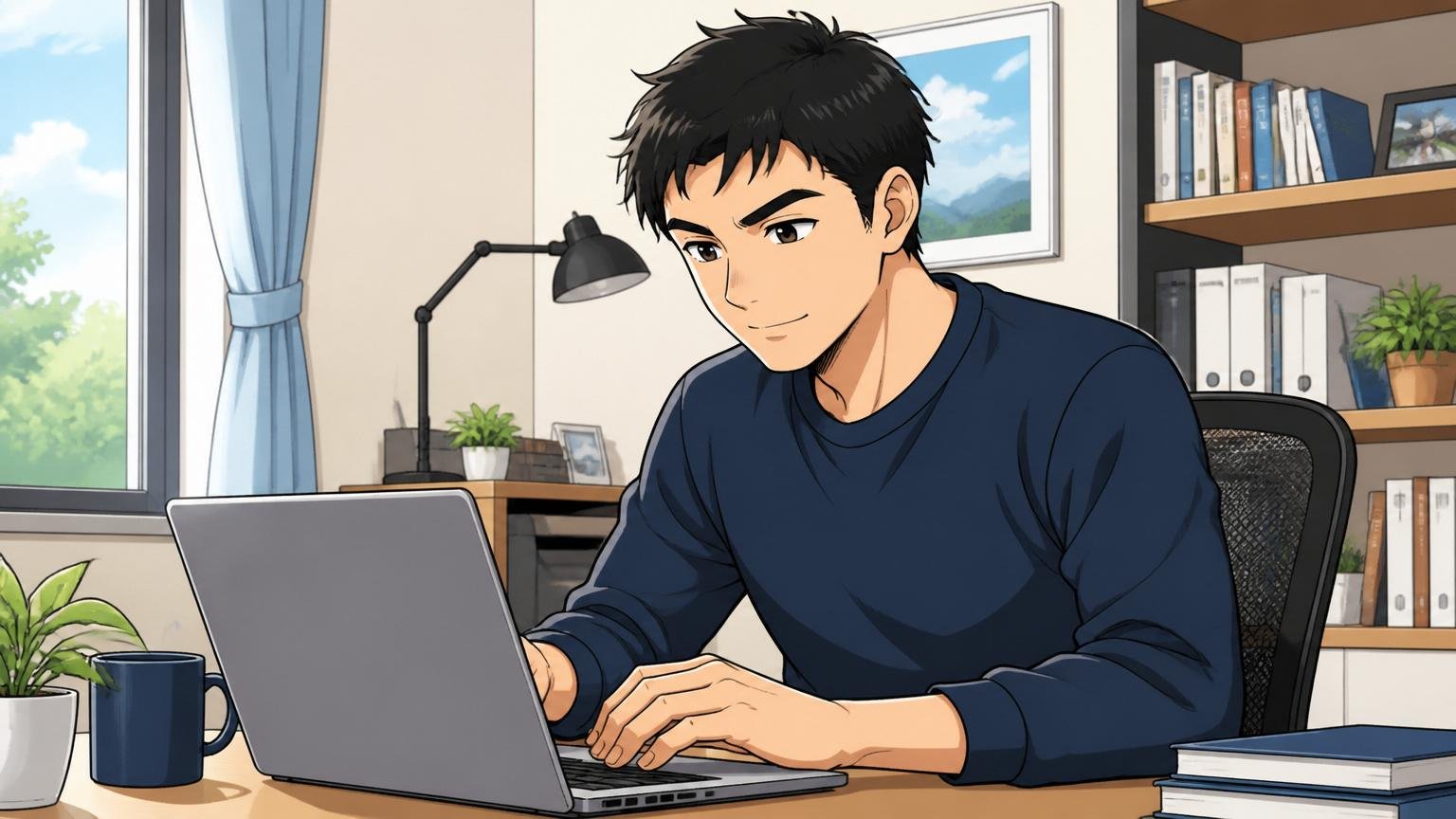 自宅のデスクでノートPCに職務経歴書を入力する30代男性エンジニア1人、整理された表情